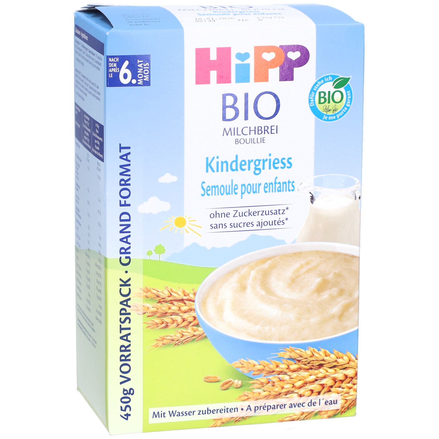 Boîte en carton, face avant. HIPP BIO Bouillie, Semoule pour enfants, sans sucres ajoutés. Illustration de bouillie et lait. 450g.