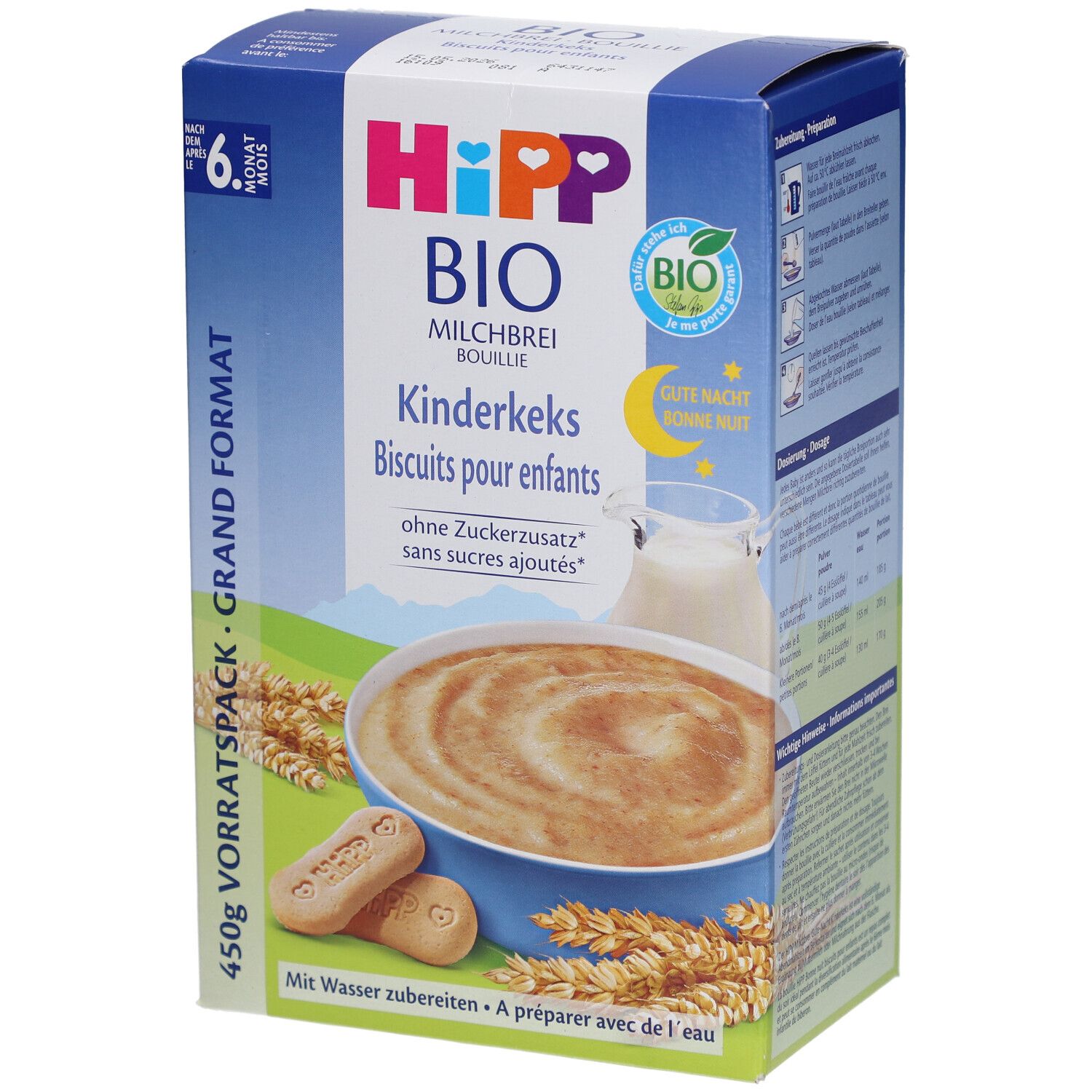 Blau-weiße Kartonverpackung. Aufschrift: HIPP BIO Kinderkekse. Abbildung von Brei und Keksen. Bio-Siegel. 450g Vorratspack.
