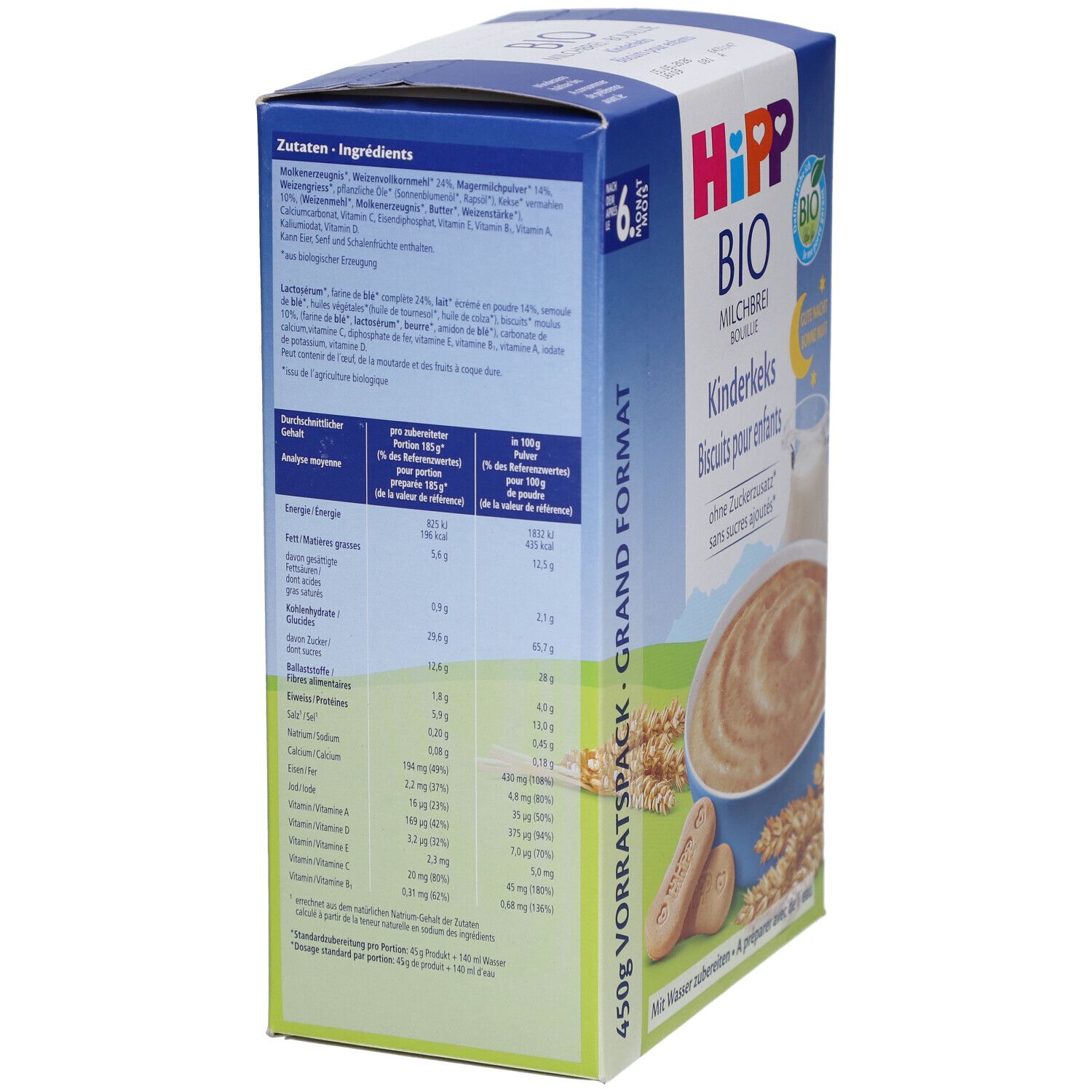 Kartonverpackung, Seitenansicht. Zutatenliste und Nährwertangaben. Aufschrift: HIPP BIO Kinderkekse. Bio-Siegel. 450g Vorratspack.