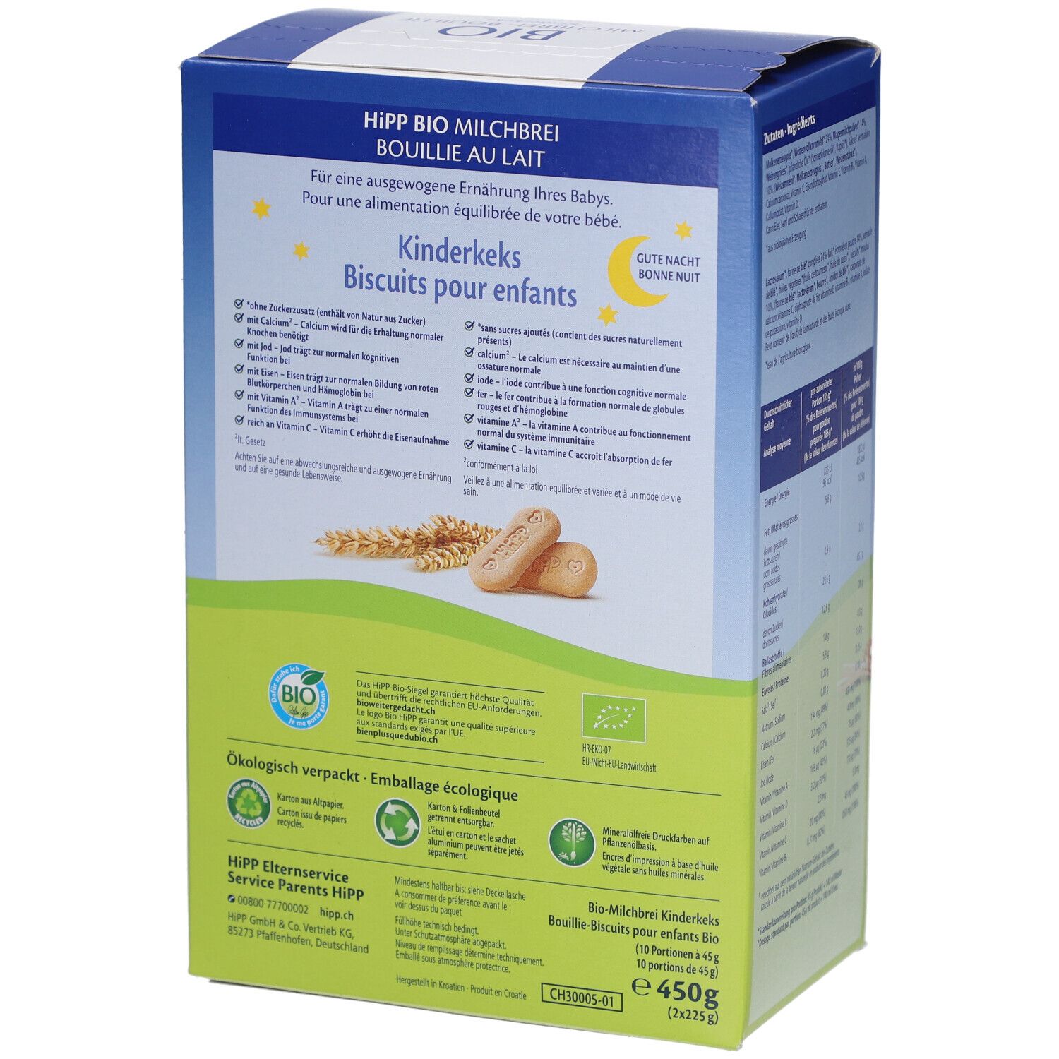 Rückseite der Kartonverpackung. Text über ausgewogene Ernährung. Aufschrift: HIPP BIO Kinderkekse. Bio-Siegel. Ökologisch verpackt.