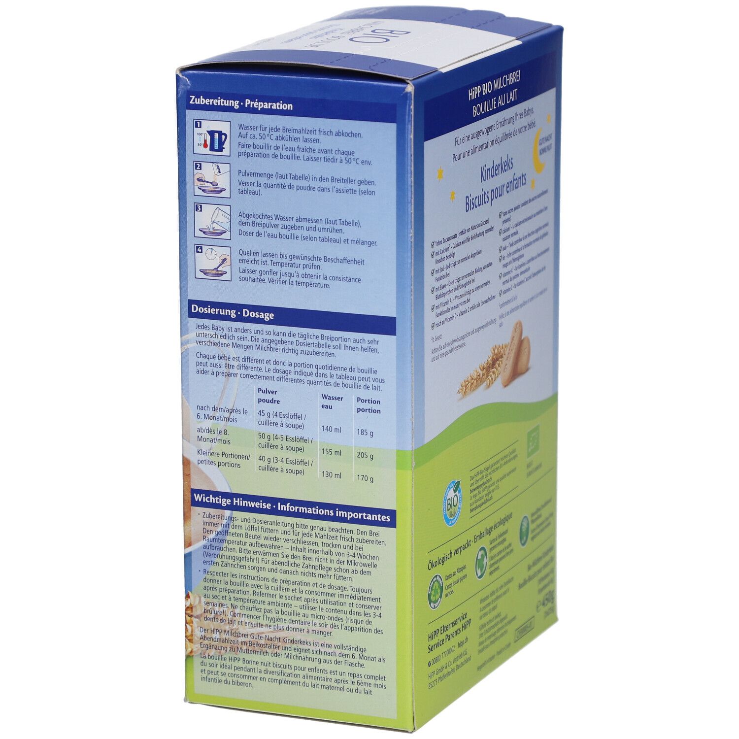 Kartonverpackung, Seitenansicht. Zubereitungshinweise und Dosierungstabellen. Aufschrift: HIPP BIO Kinderkekse. Bio-Siegel. 450g.
