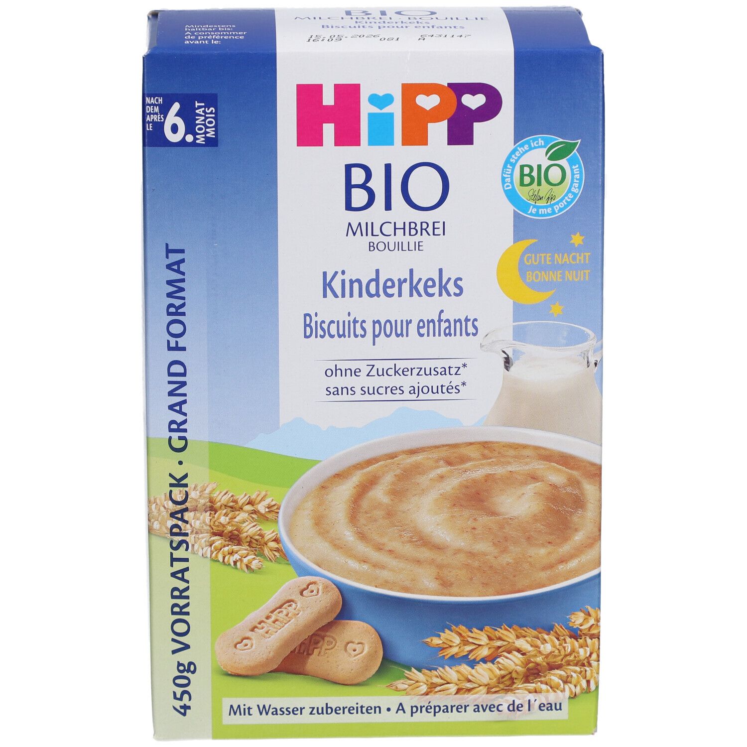 Blau-weiße Kartonverpackung. Aufschrift: HIPP BIO Kinderkekse. Abbildung von Brei und Keksen. Bio-Siegel. 450g Vorratspack.