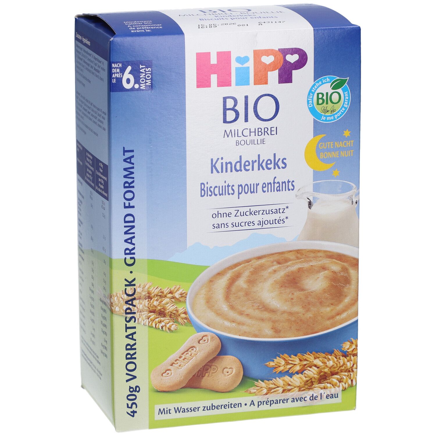 Blau-weiße Kartonverpackung. Aufschrift: HIPP BIO Kinderkekse. Abbildung von Brei und Keksen. Bio-Siegel. 450g Vorratspack.