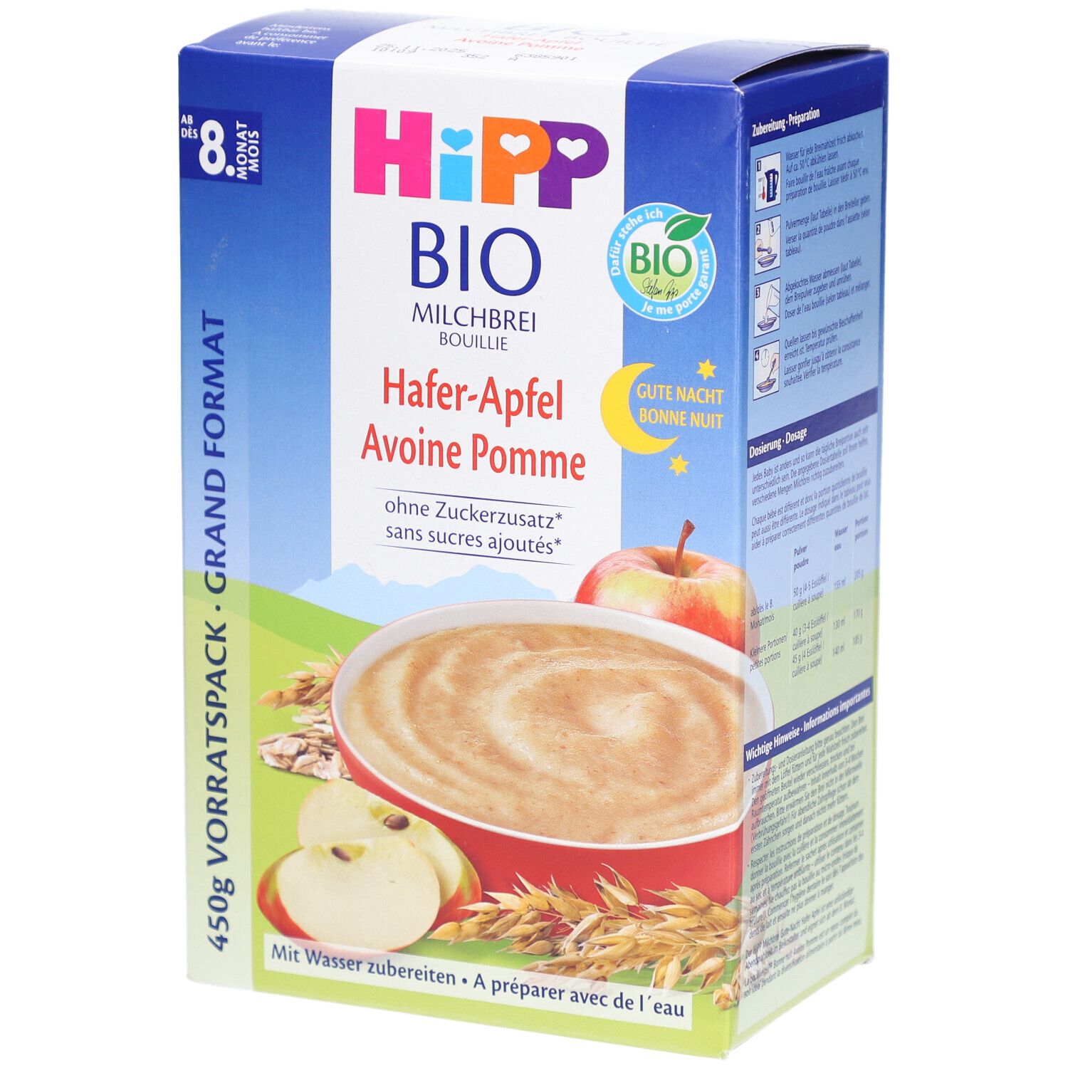 Verpackung HiPP Bio Milchbrei Hafer-Apfel. Haupttext: Hafer-Apfel, ohne Zuckerzusatz. Bio-Siegel. 450g Vorratspackung. Ab 8. Monat.