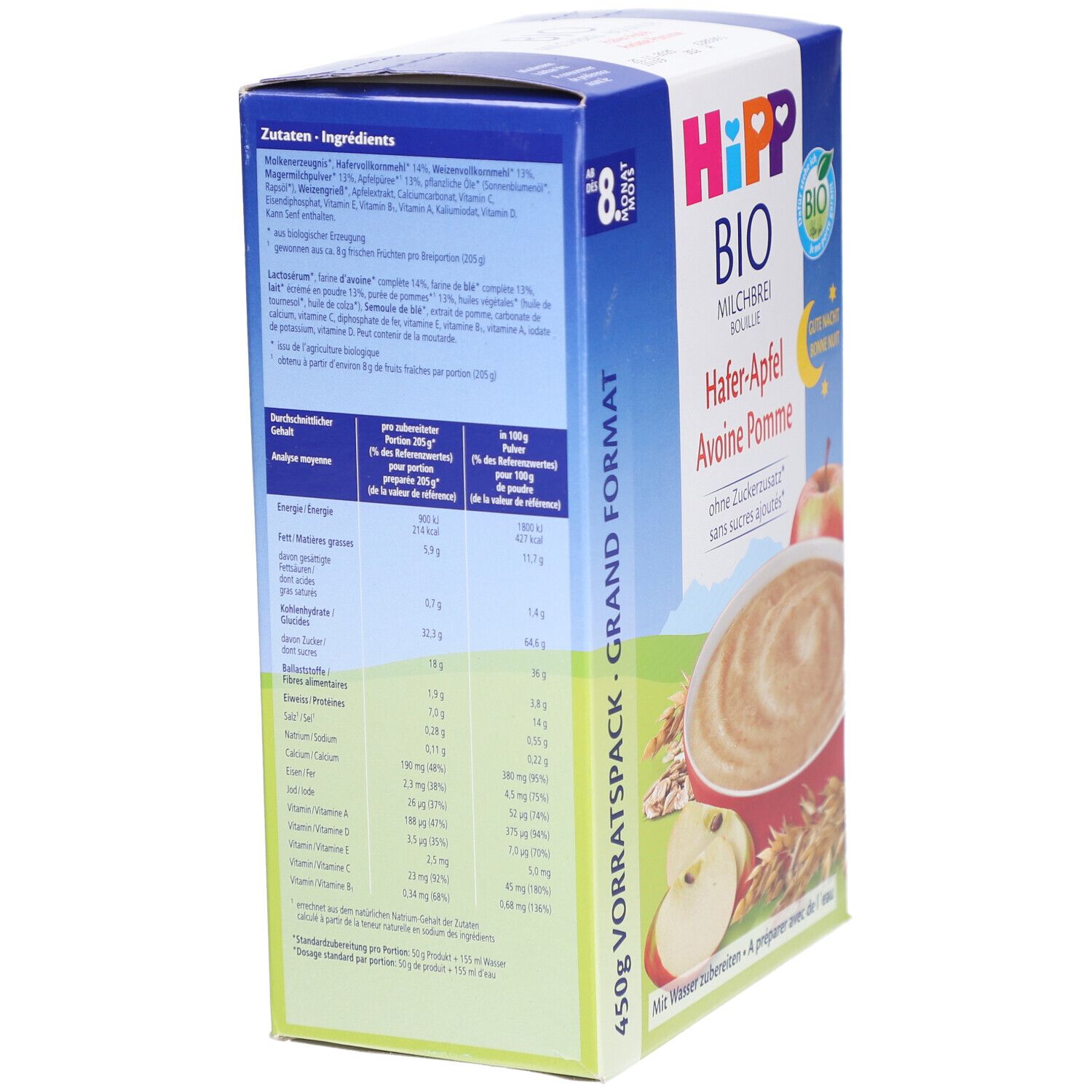 Rückseite der HiPP Bio Milchbrei Verpackung. Zutatenliste, Nährwertangaben. Bio-Siegel. Text in Deutsch und Französisch.