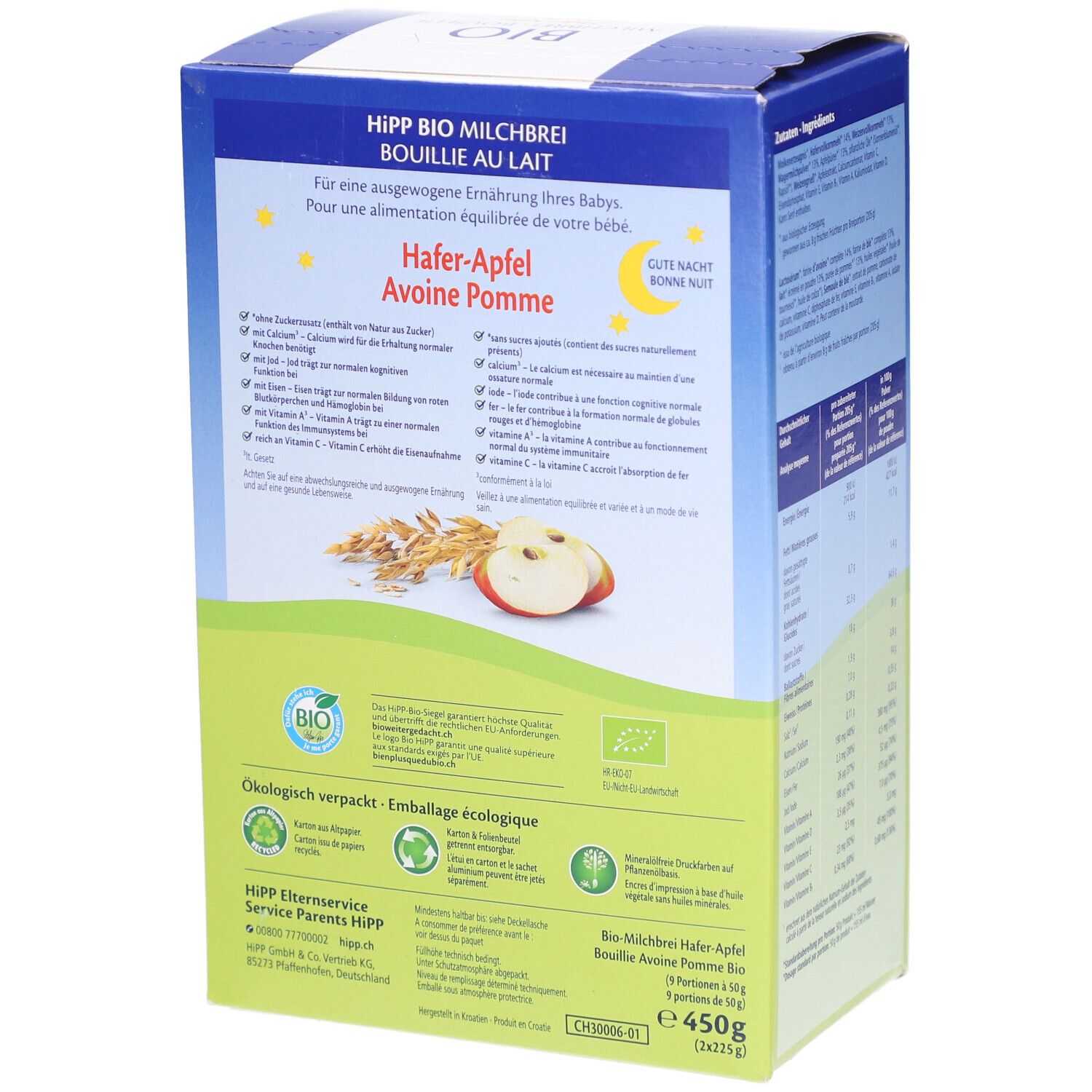 Oberseite der HiPP Bio Milchbrei Verpackung. Text: Für eine ausgewogene Ernährung Ihres Babys. Bio-Siegel. Text in Deutsch und Französisch.