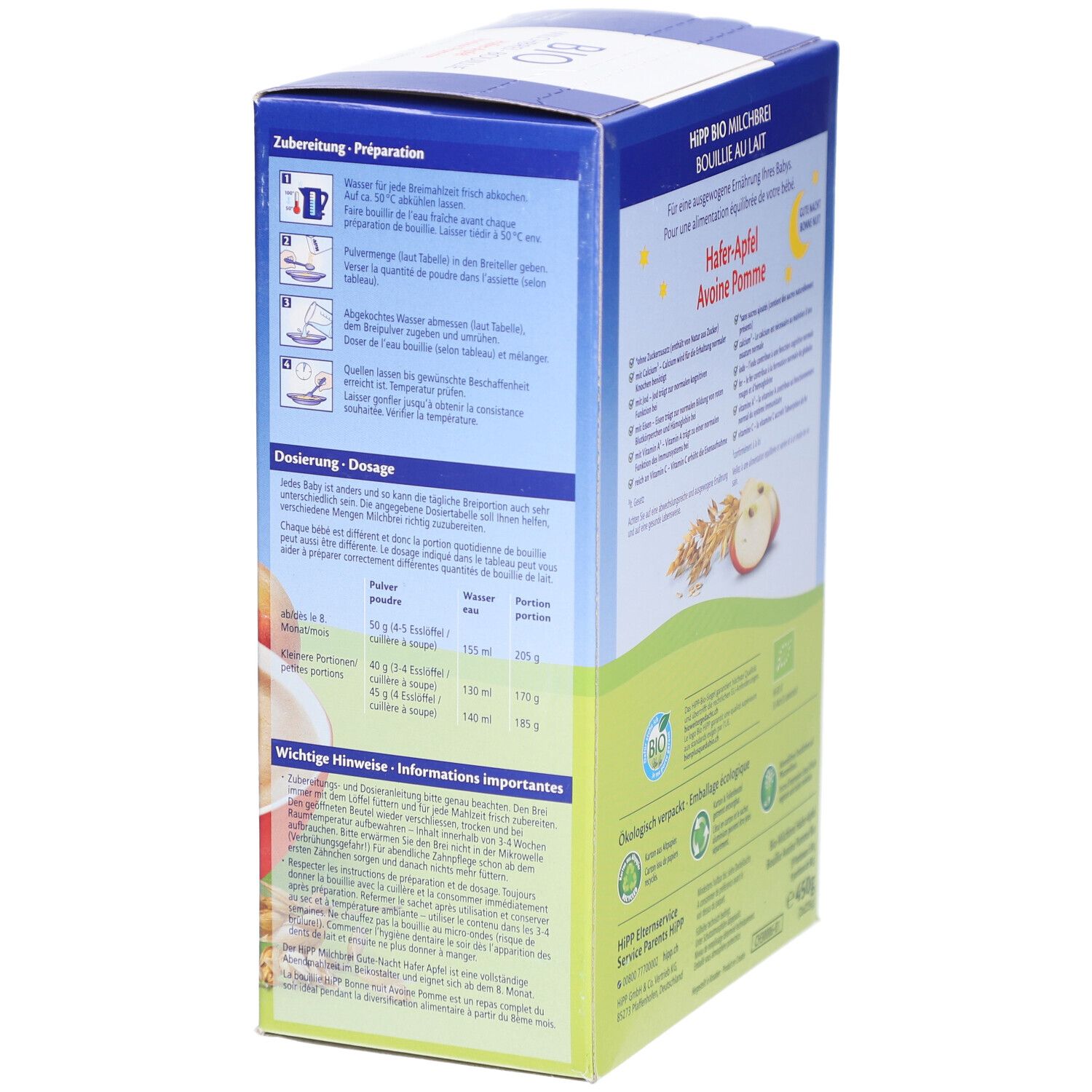 Seite der HiPP Bio Milchbrei Verpackung. Zubereitungshinweise und Dosierung. Text in Deutsch und Französisch. Abbildungen.