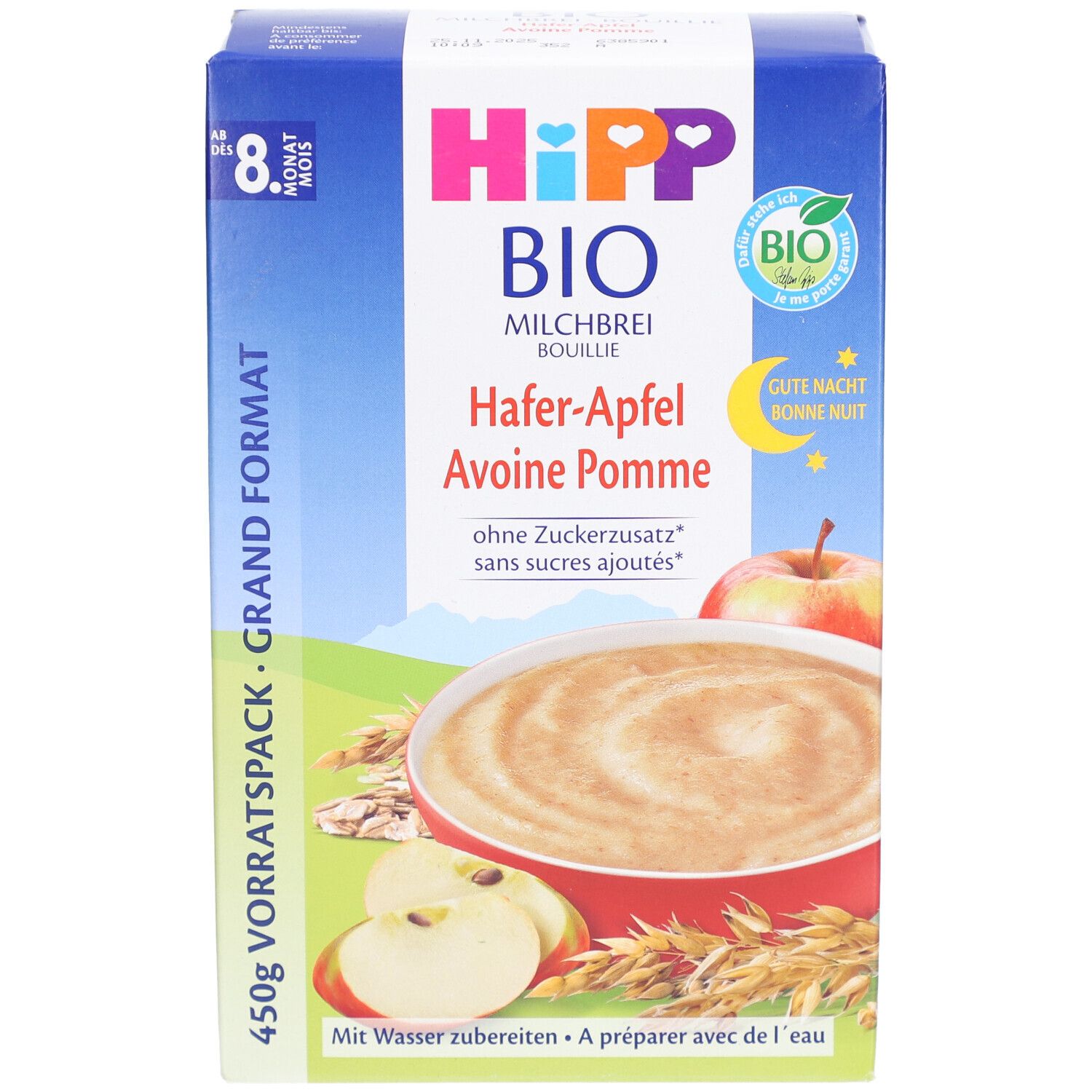 HiPP Bio Milchbrei Hafer-Apfel Verpackung. Haupttext: Hafer-Apfel, ohne Zuckerzusatz. Bio-Siegel. 450g Vorratspackung. Ab 8. Monat.