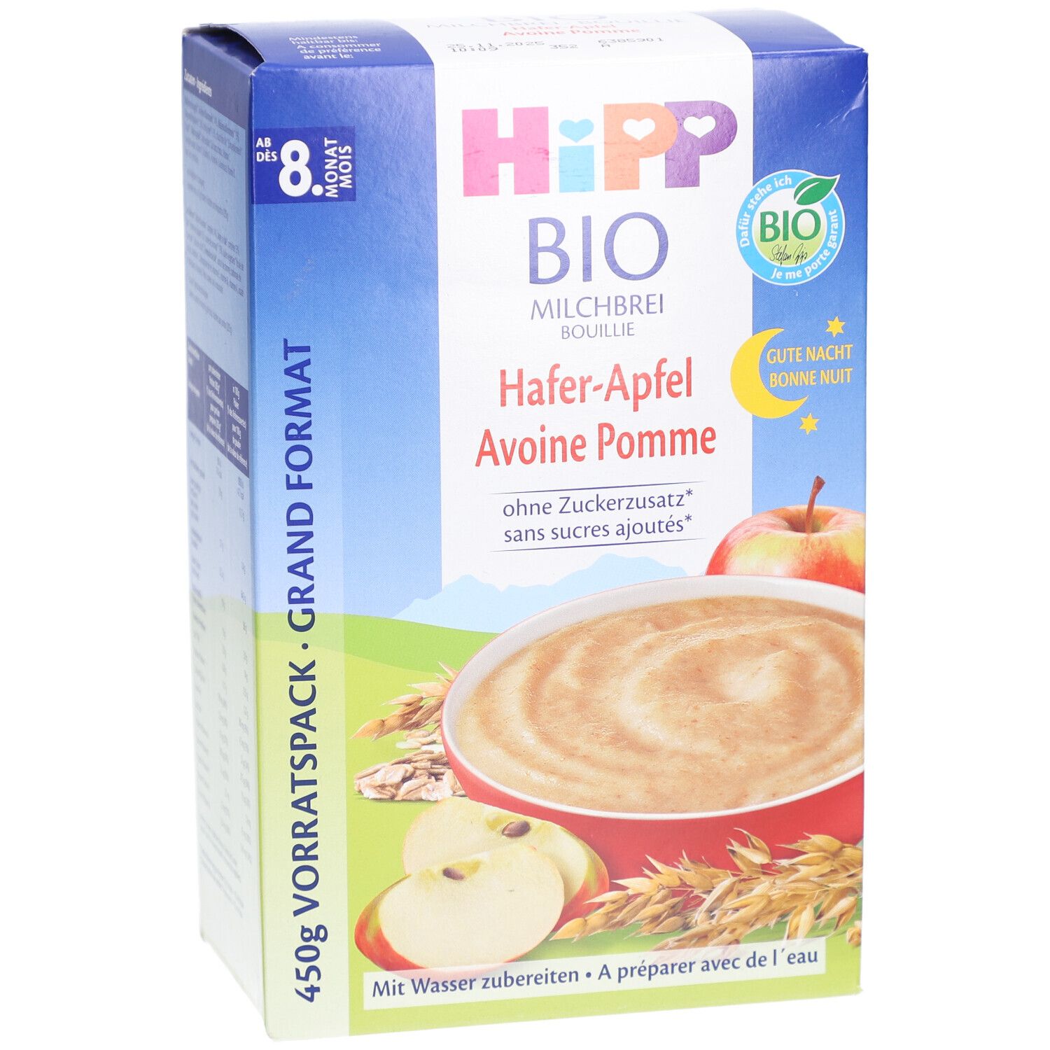 HiPP Bio Milchbrei Hafer-Apfel Verpackung. Haupttext: Hafer-Apfel, ohne Zuckerzusatz. Bio-Siegel. 450g Vorratspackung. Ab 8. Monat.