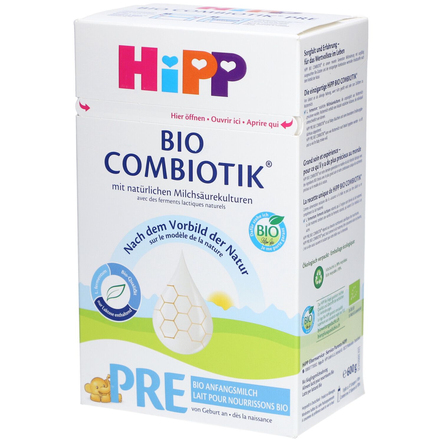 HiPP Bio Combiotik PRE Säuglingsmilch. Karton mit Produktinformationen und Logo. Bio-Siegel.