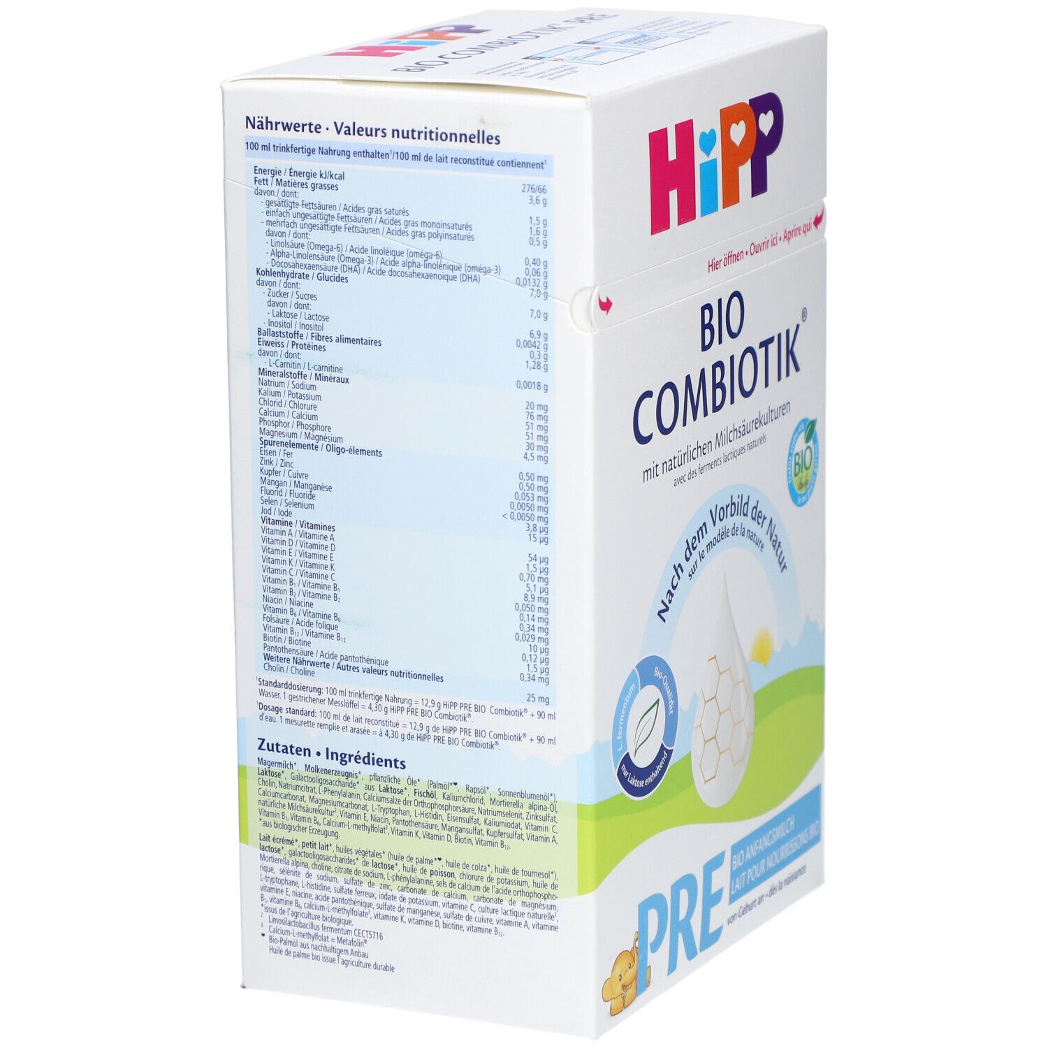 HiPP Bio Combiotik PRE Karton. Nährwerttabelle und Zutatenliste. Produktinformationen.