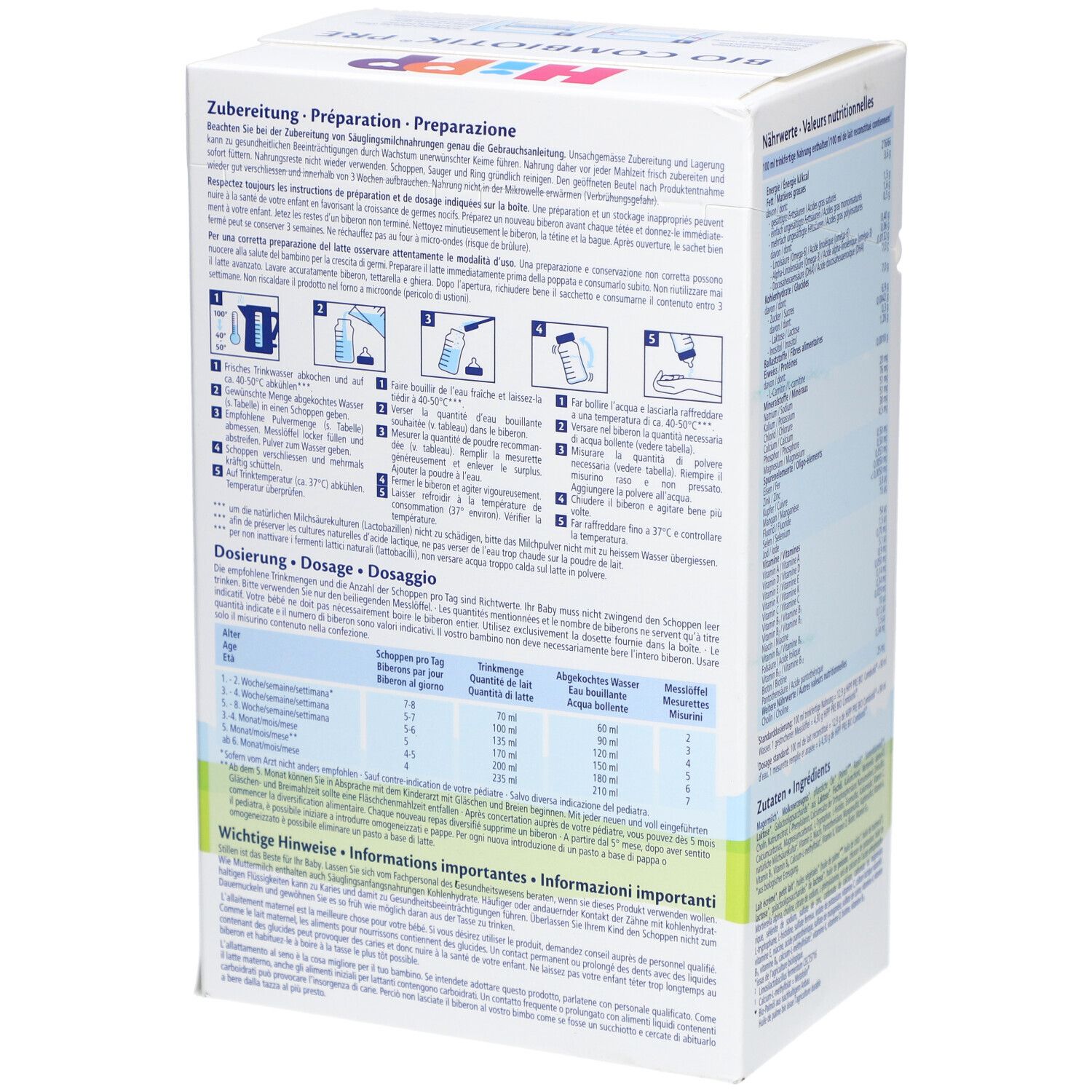 HiPP Bio Combiotik PRE Karton. Zubereitungshinweise und Dosierungstabelle. Produktinformationen.