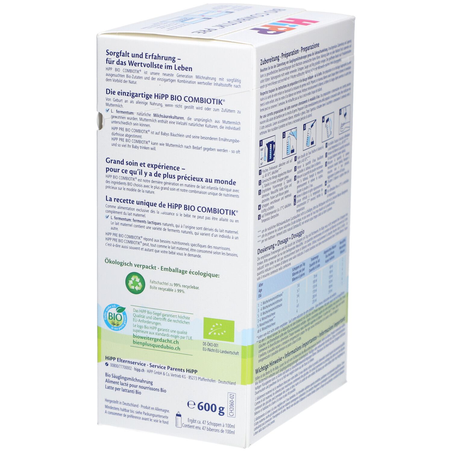 HiPP Bio Combiotik PRE Karton. Produktinformationen, Text und Logos. Bio-Siegel und Öko-Verpackung.