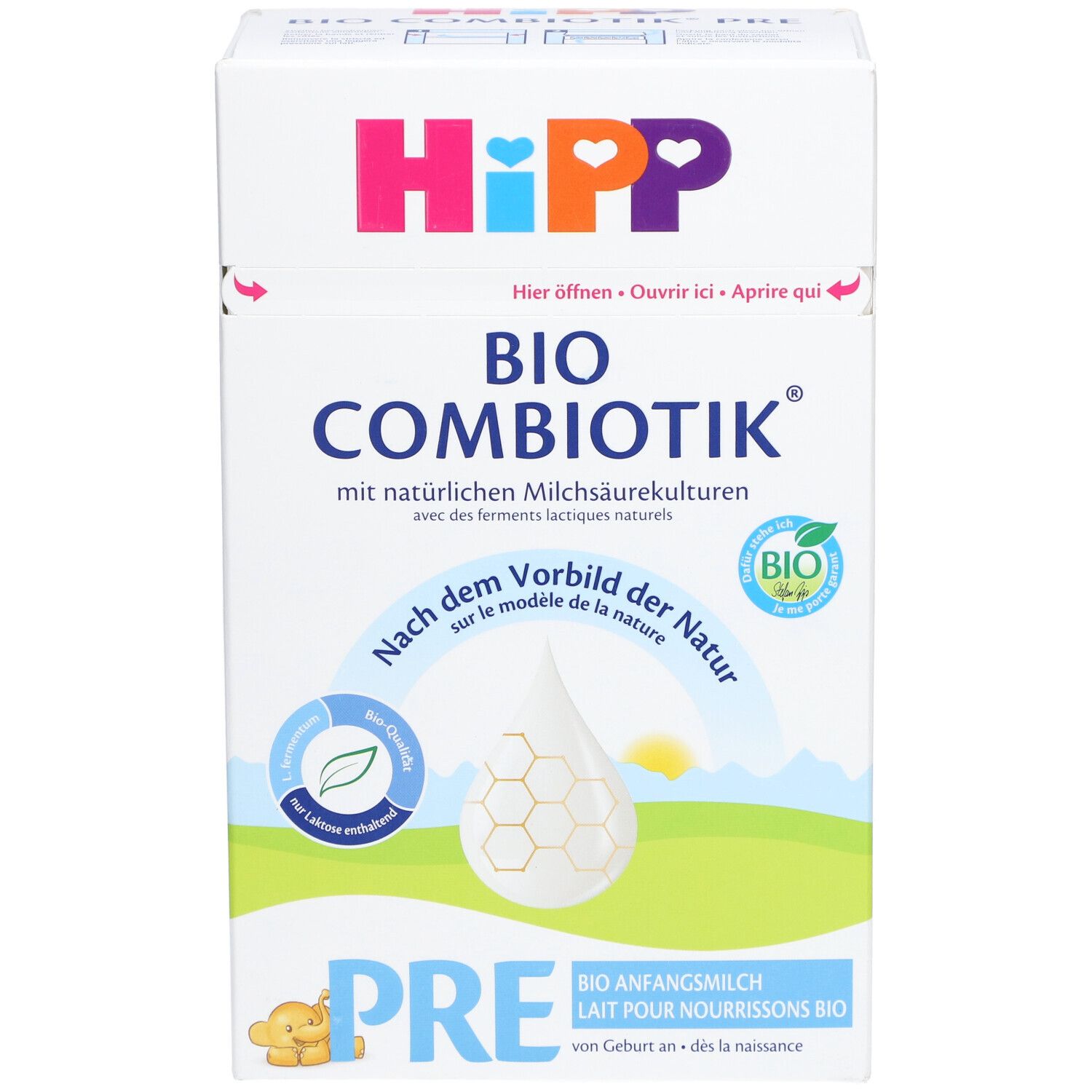 HiPP Bio Combiotik PRE Säuglingsmilch. Karton mit Produktinformationen und Logo. Bio-Siegel.