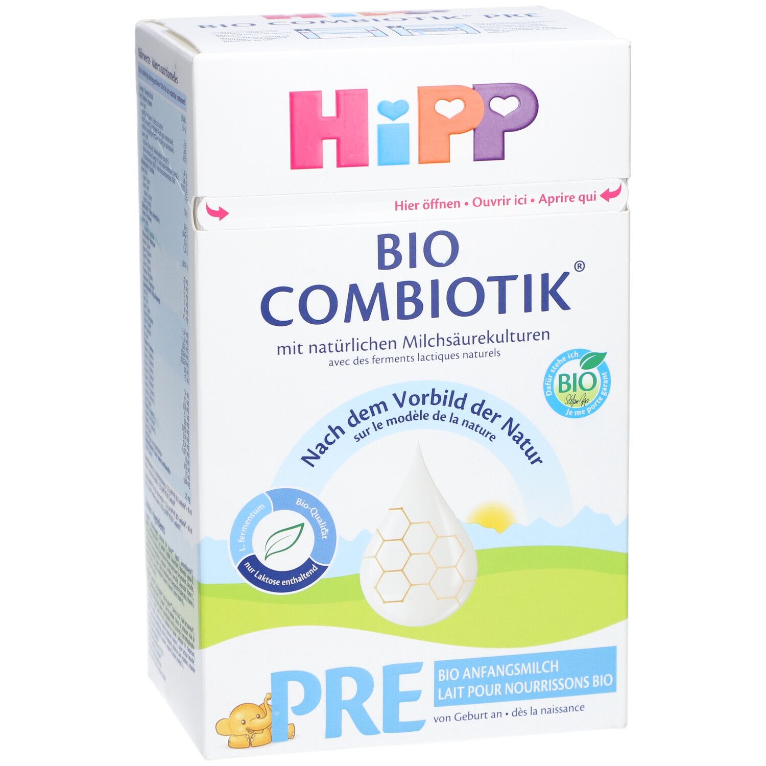 HiPP Bio Combiotik PRE Säuglingsmilch. Karton mit Produktinformationen und Logo. Bio-Siegel.