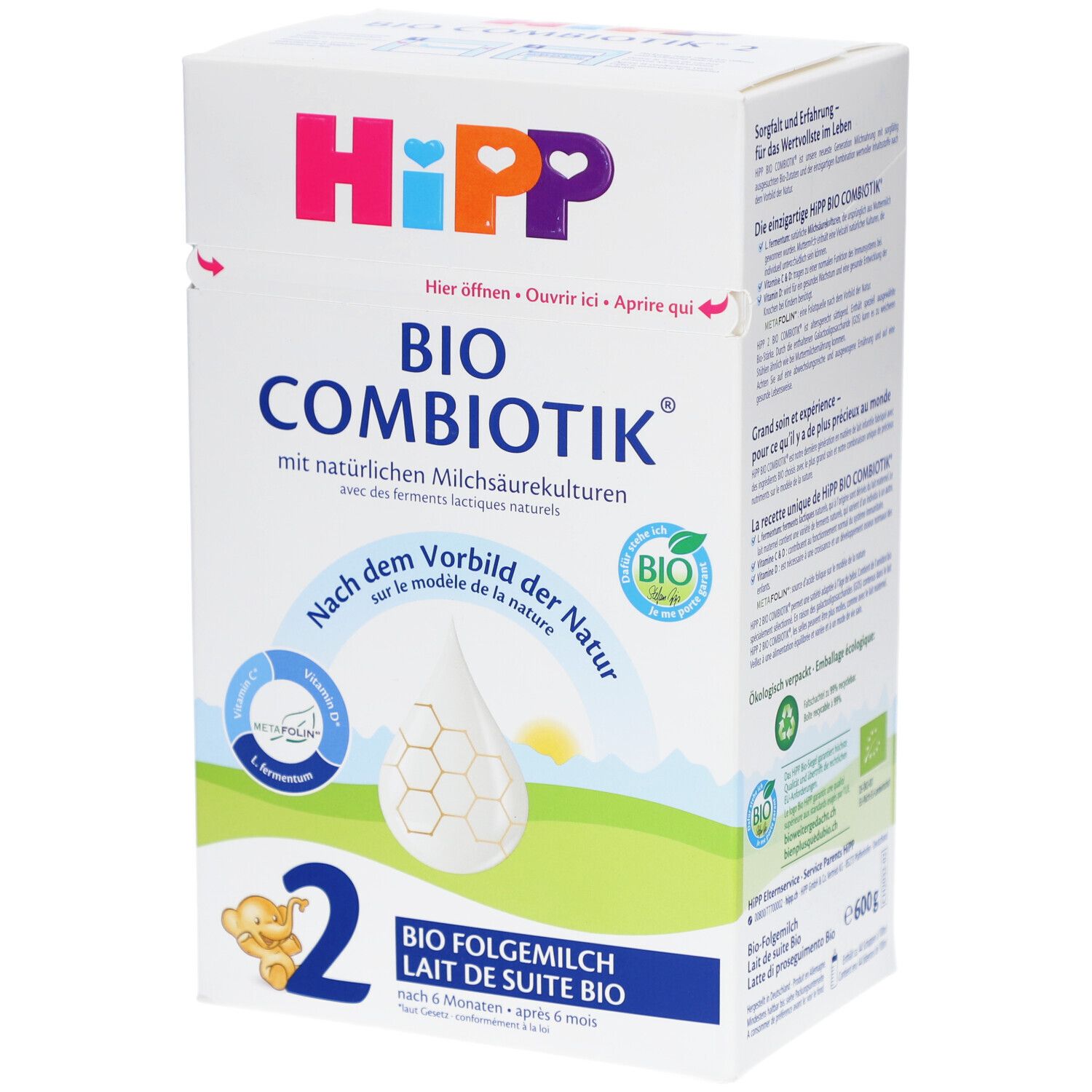 Boîte HiPP Bio Combiotik 2. Face avant avec nom du produit, logo et label bio. Contient du lait en poudre pour bébés dès 6 mois.