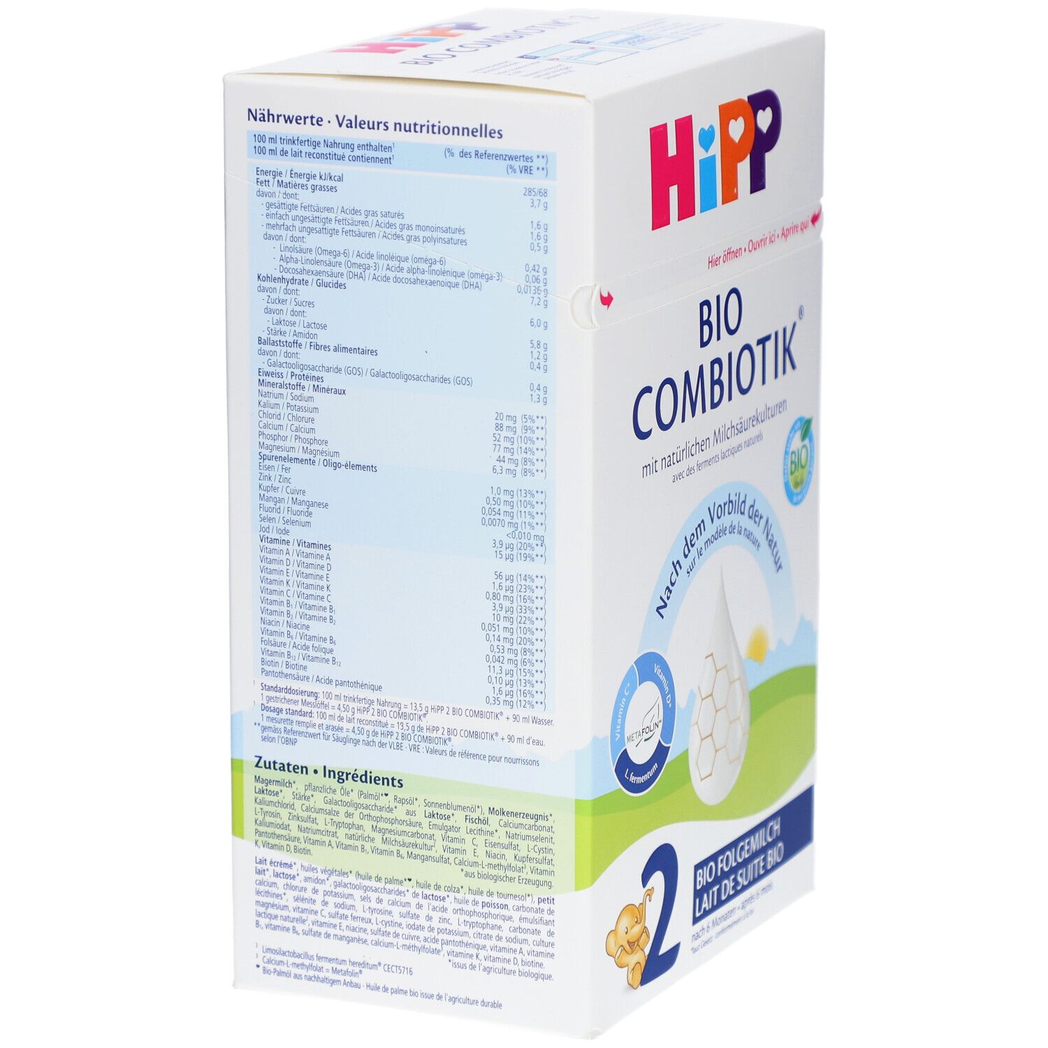 Boîte HiPP Bio Combiotik 2. Verso avec informations nutritionnelles et liste des ingrédients. Contient des informations sur le lait en poudre.