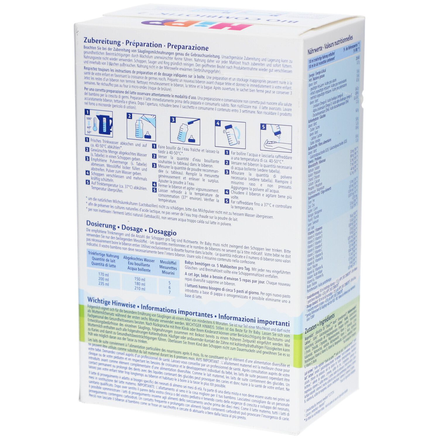 Boîte HiPP Bio Combiotik 2. Verso avec instructions de préparation et tableaux de dosage. Contient des instructions pour le lait en poudre.