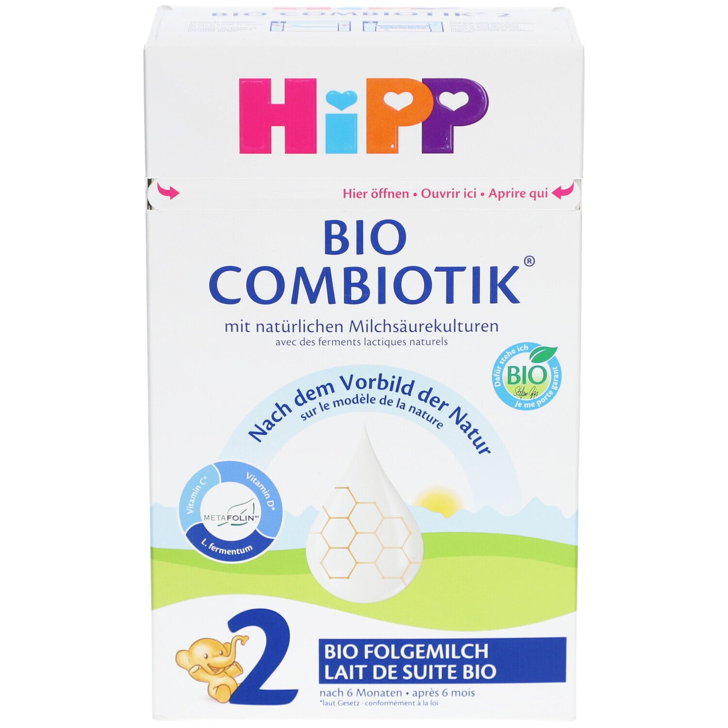 Boîte HiPP Bio Combiotik 2. Vue de face avec nom du produit, logo et label bio. Contient du lait en poudre pour bébés dès 6 mois.