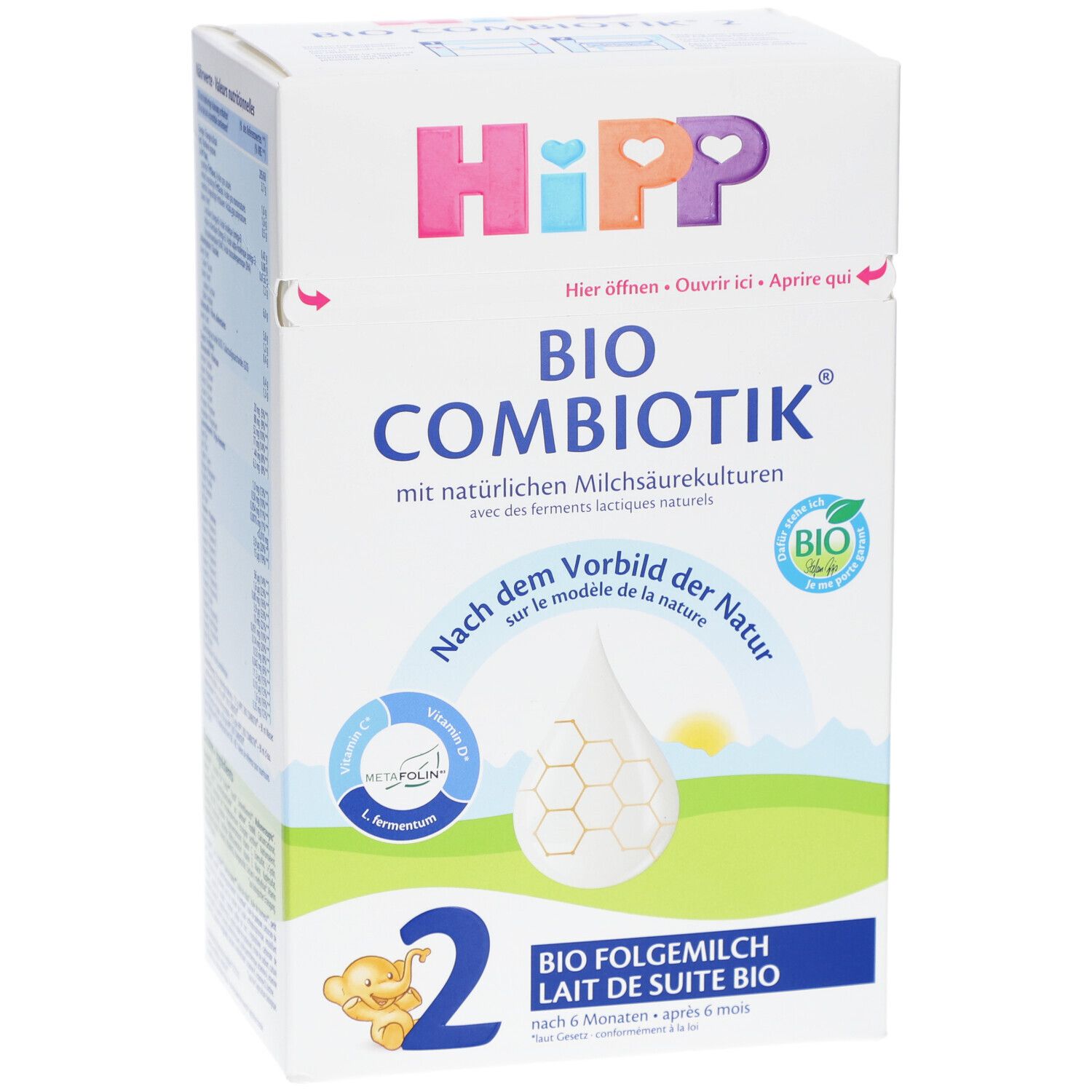 Boîte HiPP Bio Combiotik 2. Vue de face avec nom du produit, logo et label bio. Contient du lait en poudre pour bébés dès 6 mois.