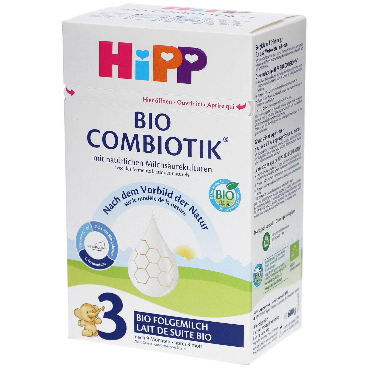 Boîte HiPP Bio Combiotik 3. Inscriptions : Bio, GOS, L. fermentum, 3, lait de suite. Blanc, bleu, rose, jaune.