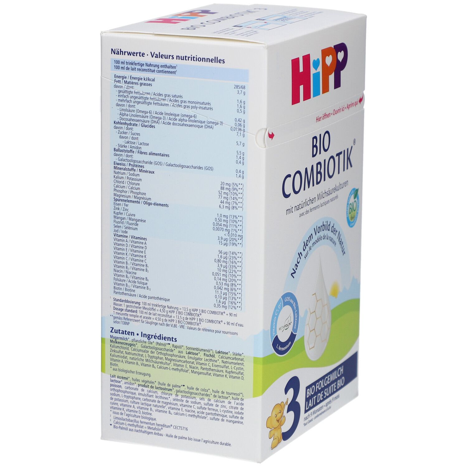 Dos de la boîte HiPP Bio Combiotik 3. Tableau nutritionnel, liste des ingrédients. Texte en allemand, français, italien, néerlandais.