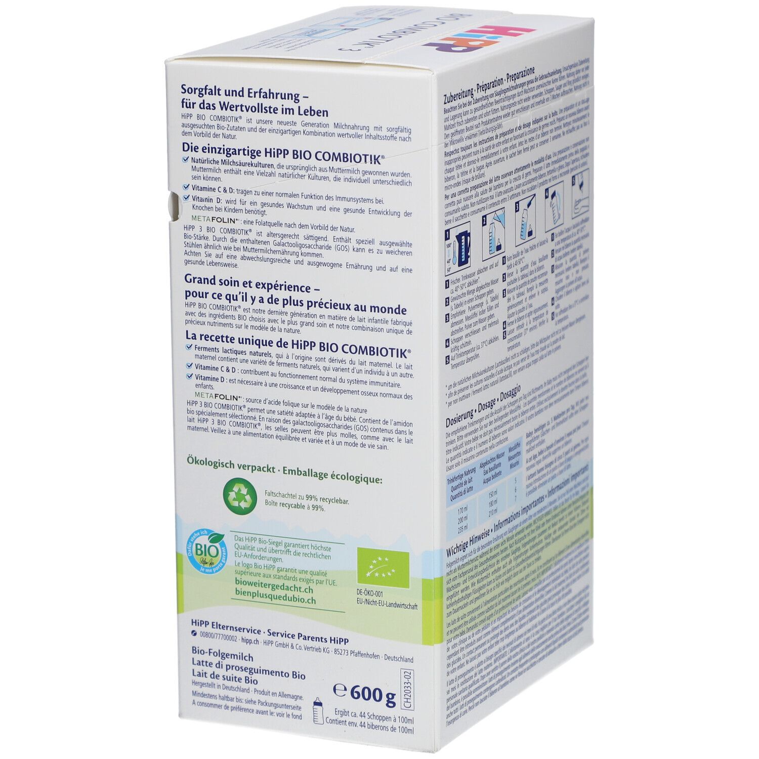 Boîte HiPP Bio Combiotik 3. Texte sur le soin et l'expérience. Emballage écologique. Label bio.