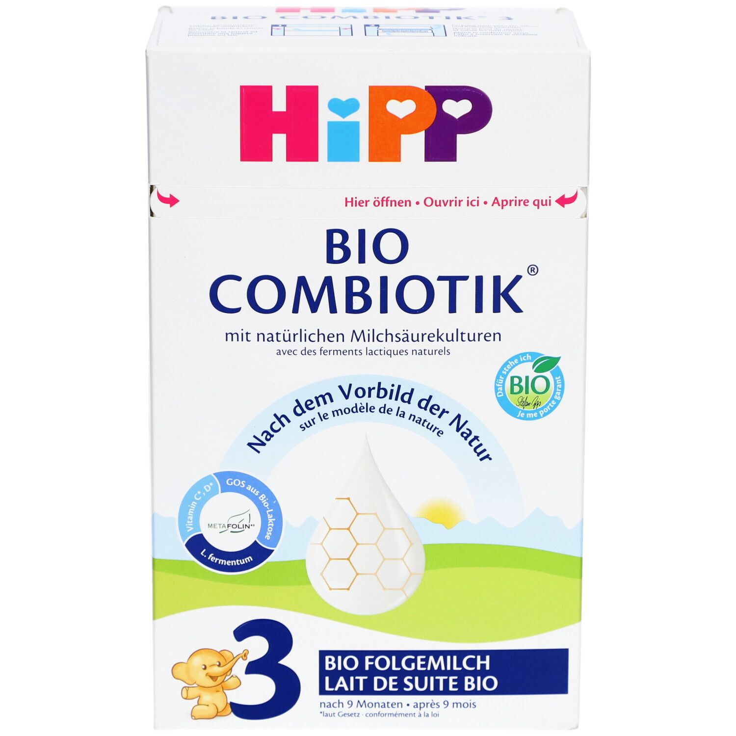 Boîte HiPP Bio Combiotik 3. Inscriptions : Bio, GOS, L. fermentum, 3, lait de suite. Blanc, bleu, rose, jaune.