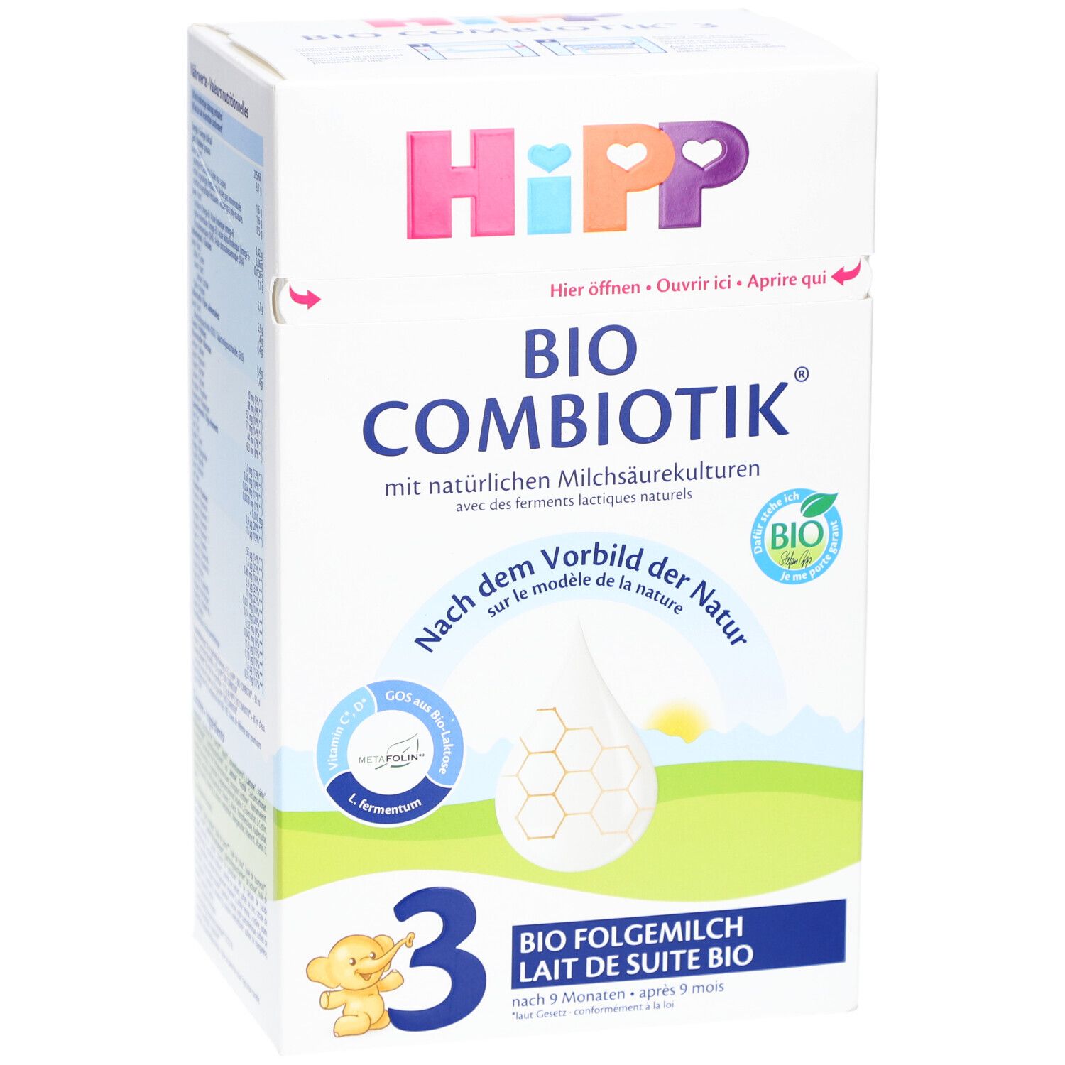 Boîte HiPP Bio Combiotik 3. Inscriptions : Bio, GOS, L. fermentum, 3, lait de suite. Blanc, bleu, rose, jaune.