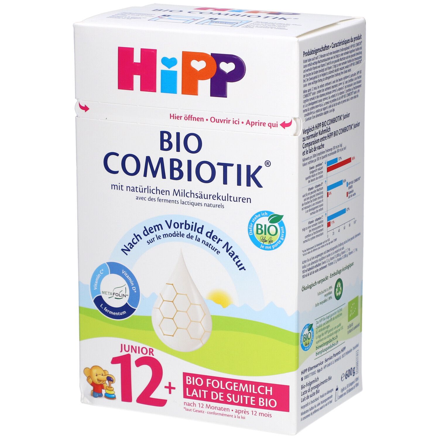 Boîte de lait de suite bio HiPP Bio Combiotik Junior 12+. Contient un label bio et une illustration de goutte de lait. Texte en allemand et français.