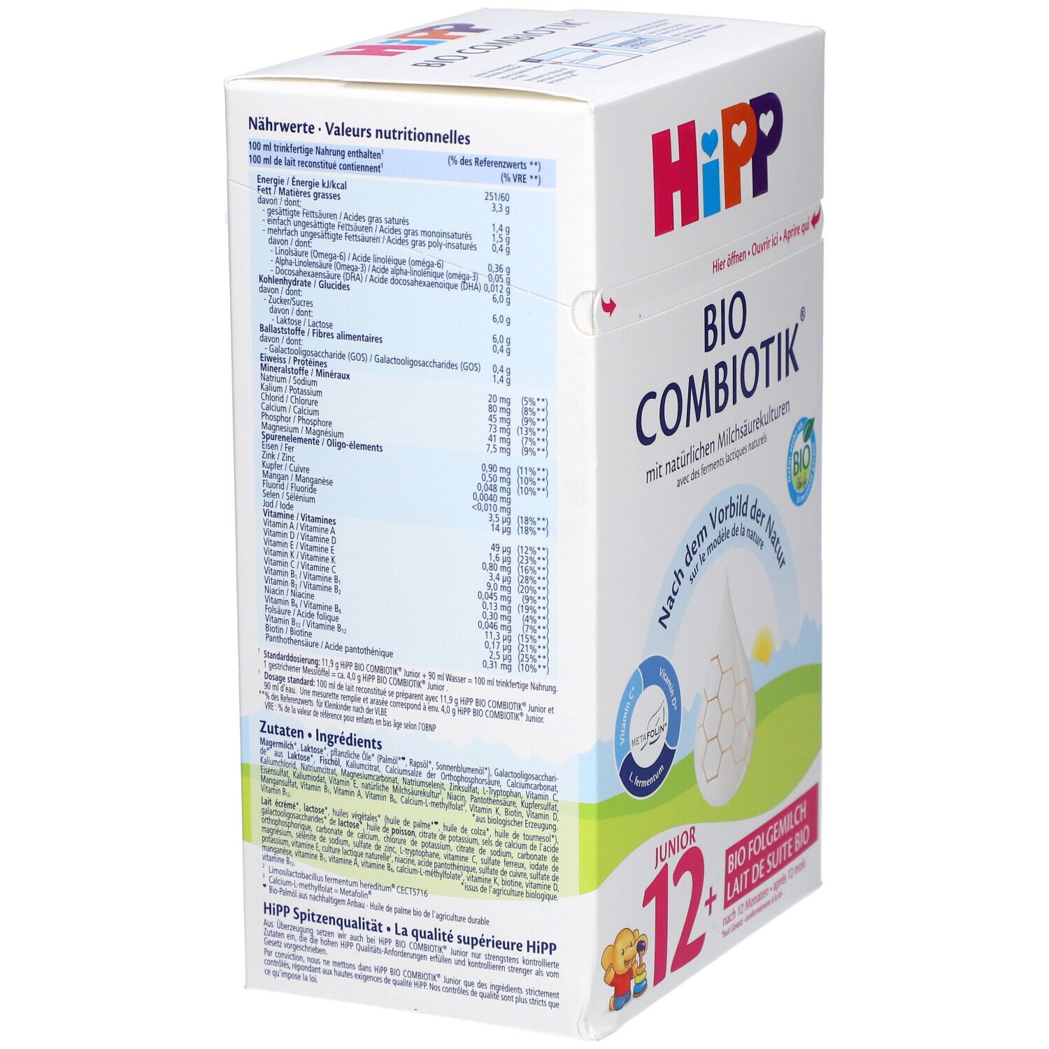 Boîte HiPP Bio Combiotik Junior 12+. Tableau nutritionnel et liste des ingrédients sur le côté. Texte en allemand, français et italien.