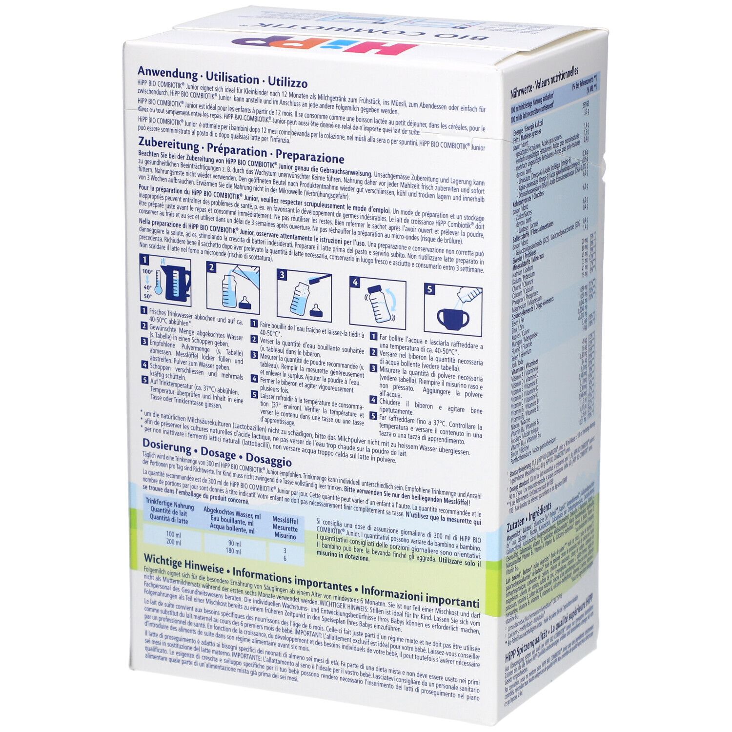 Boîte HiPP Bio Combiotik Junior 12+. Instructions d'utilisation et de préparation. Texte en allemand, français et italien.