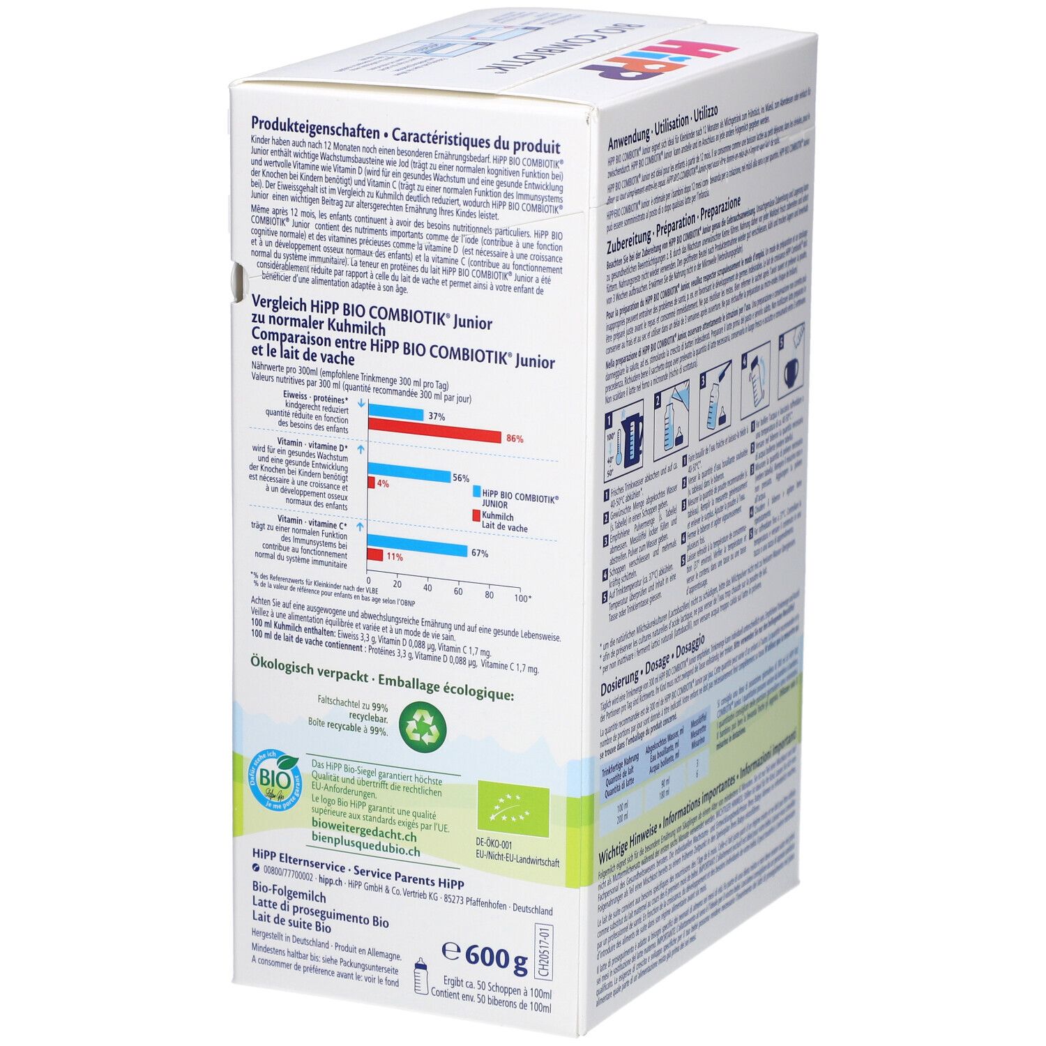 Boîte HiPP Bio Combiotik Junior 12+. Tableau comparatif et informations d'emballage écologique. Texte en allemand et français.