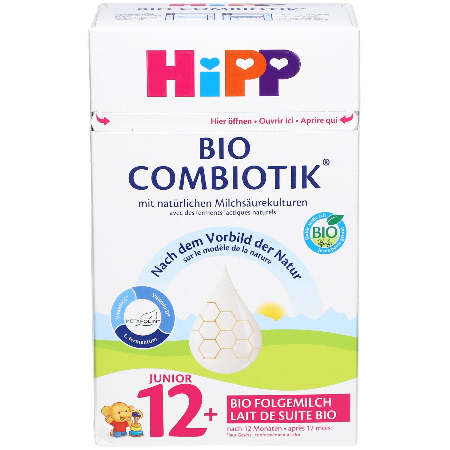 Boîte HiPP Bio Combiotik Junior 12+. Face avant avec nom du produit, label bio et illustration. Texte en allemand et français.