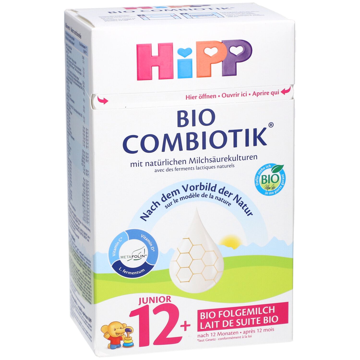 Boîte HiPP Bio Combiotik Junior 12+. Face avant avec nom du produit, label bio et illustration. Texte en allemand et français.
