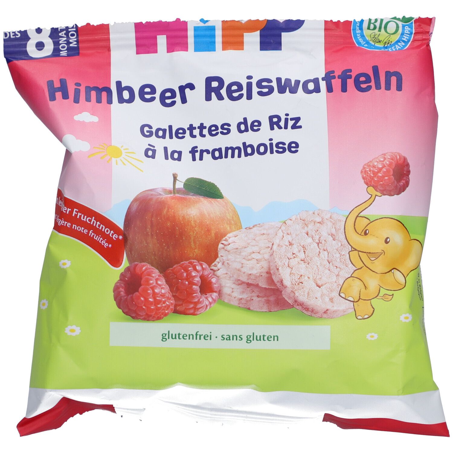 Paquet de galettes de riz à la framboise. Inscription: framboise, pomme, framboises, sans gluten, logo bio, logo Hipp.
