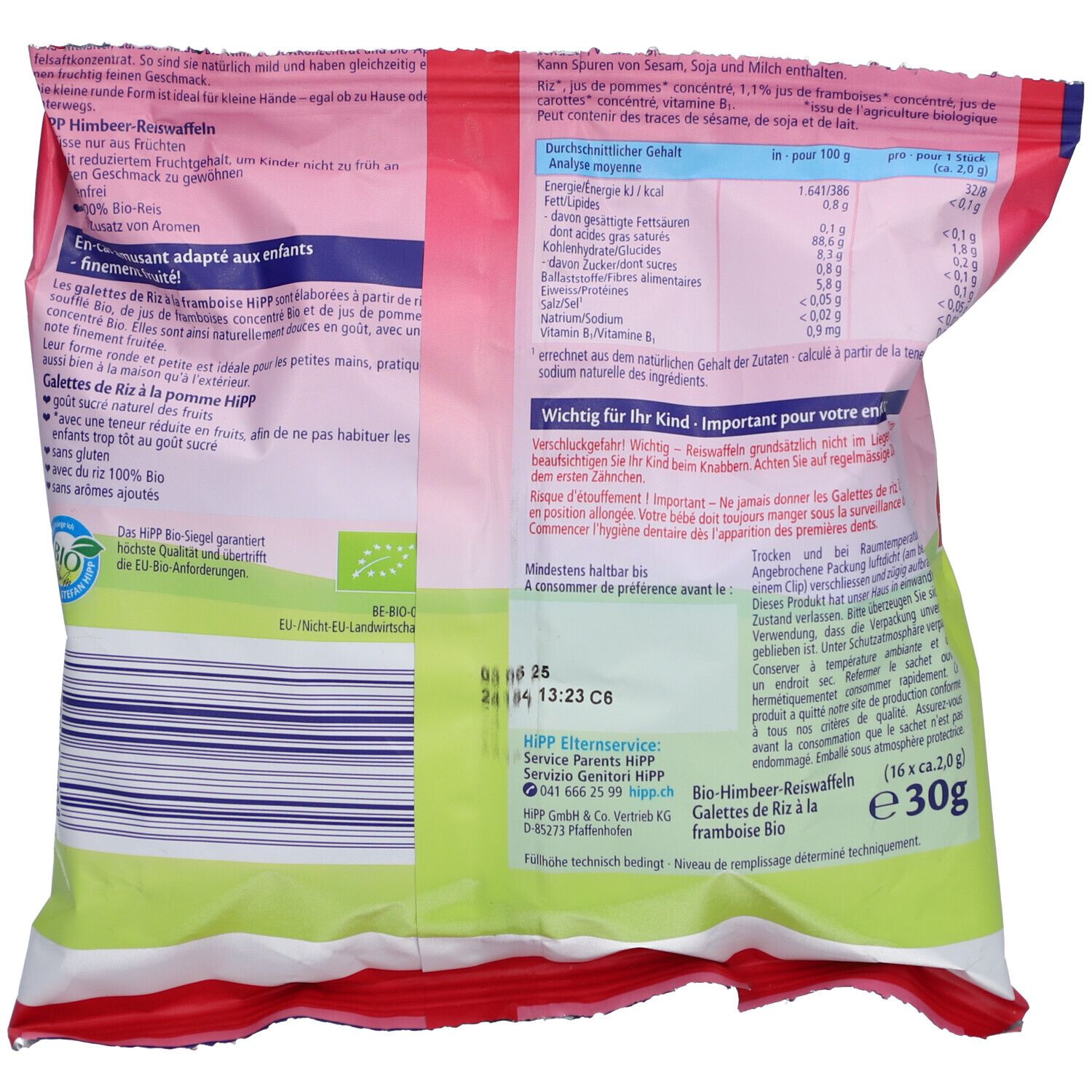 Dos du paquet avec informations nutritionnelles, liste des ingrédients, label bio et date de péremption.