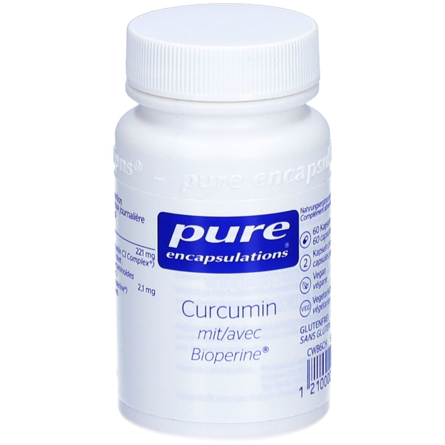 Weiße Flasche mit blauem Etikett. Beschriftung: pure encapsulations, Curcumin mit Bioperine. 60 Kapseln.