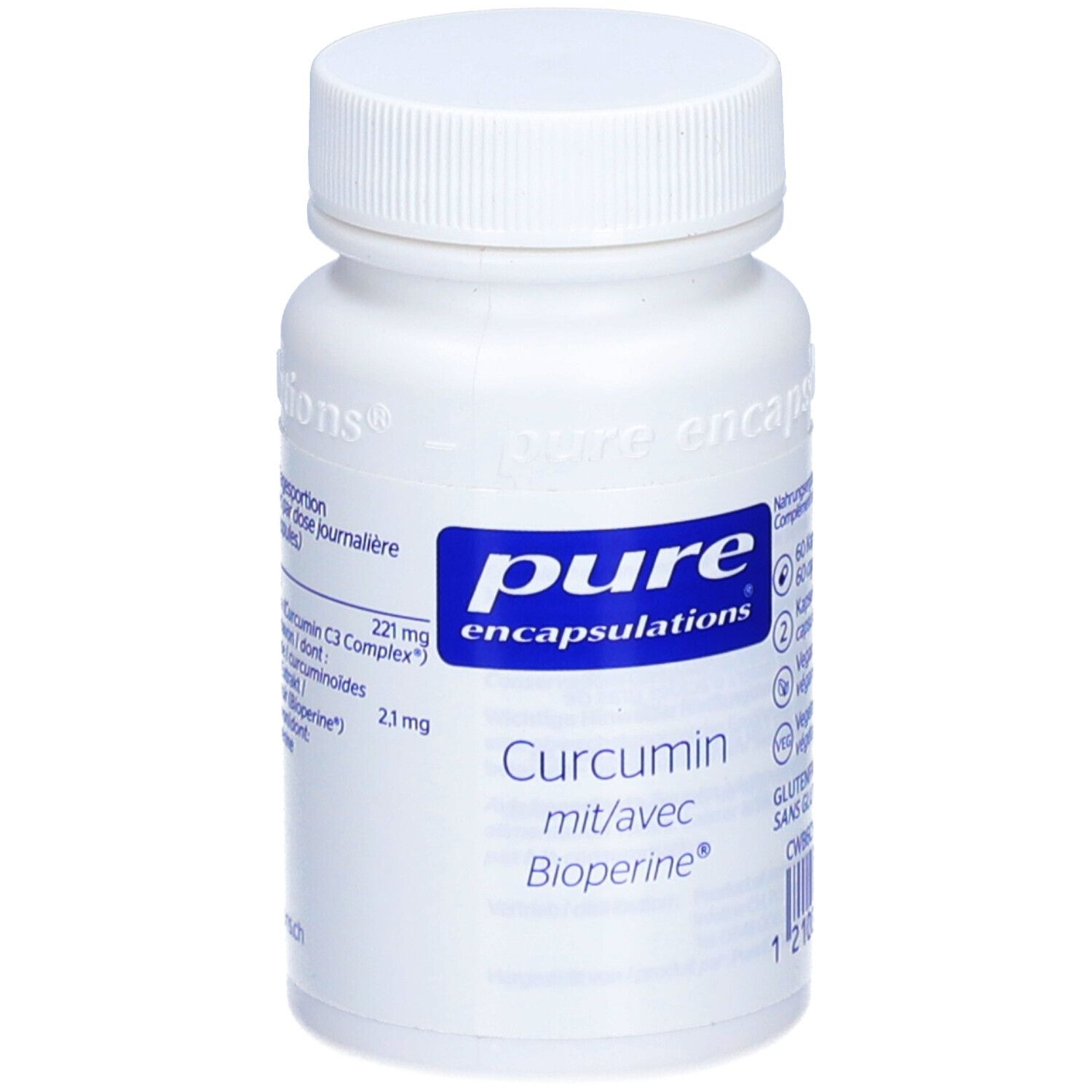 Weiße Flasche mit blauem Etikett. Beschriftung: pure encapsulations, Curcumin mit Bioperine. 60 Kapseln.