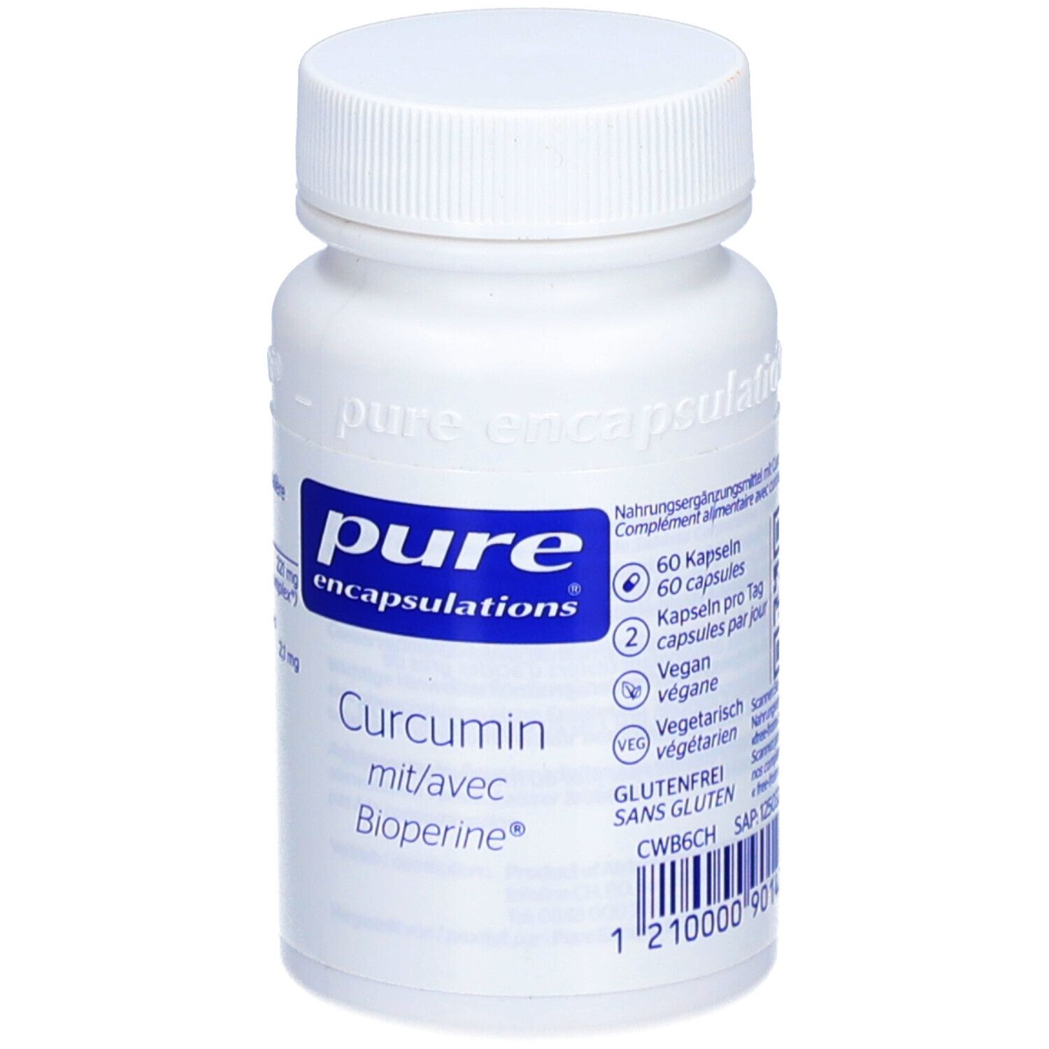 Weiße Flasche mit blauem Etikett. Beschriftung: pure encapsulations, Curcumin mit Bioperine. 60 Kapseln, vegan.