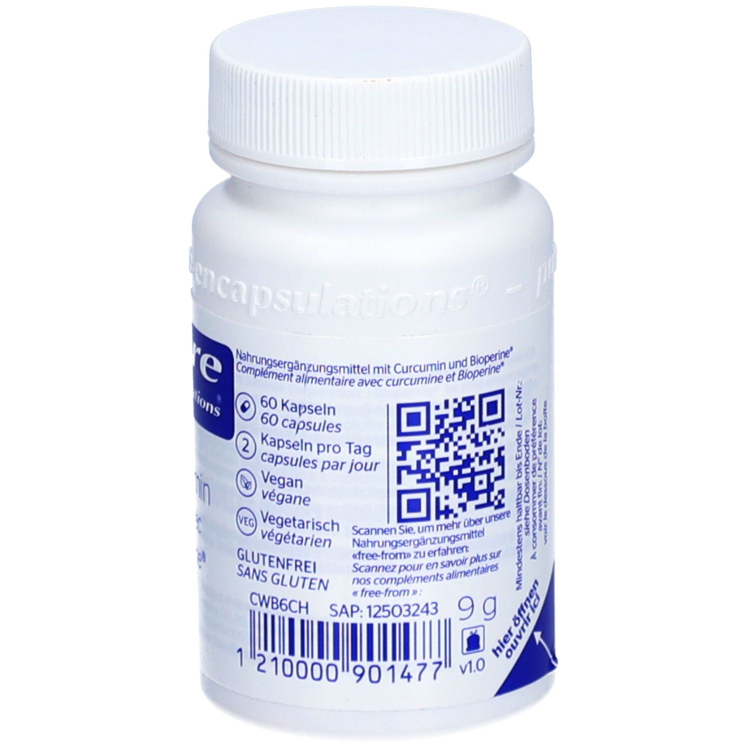 Rückseite der weißen Flasche. Beschriftung: Nahrungsergänzungsmittel mit Curcumin und Bioperine. 60 Kapseln, vegan.