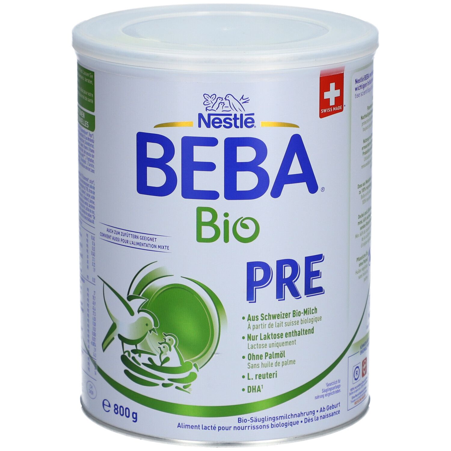 Runde Dose mit Deckel. Aufschrift BEBA Bio PRE, Logo und Schweizer Kreuz. 800g. Text in Deutsch und Französisch.