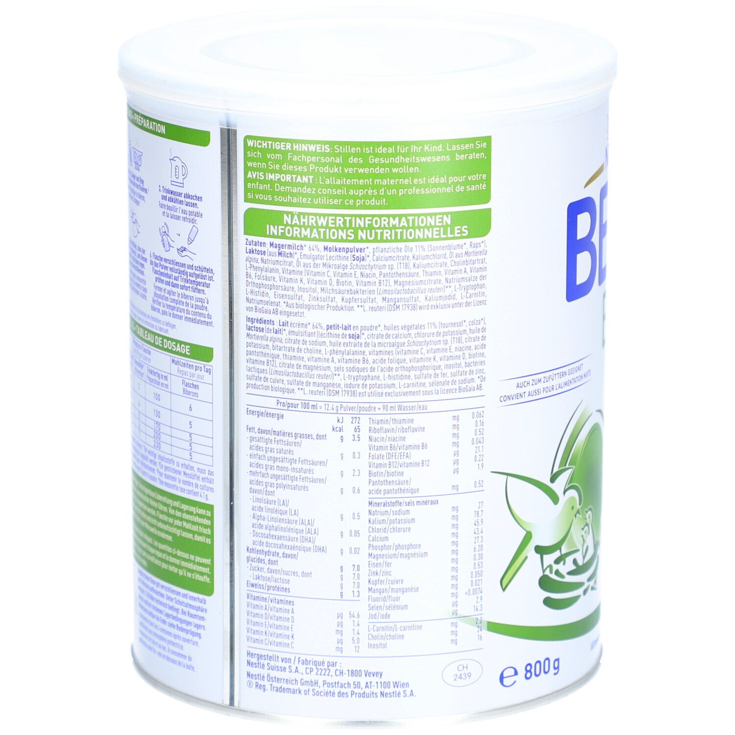 Rückseite der Dose mit Nährwertinformationen. Text in Deutsch, Französisch, Italienisch und Niederländisch. Gewicht: 800g.