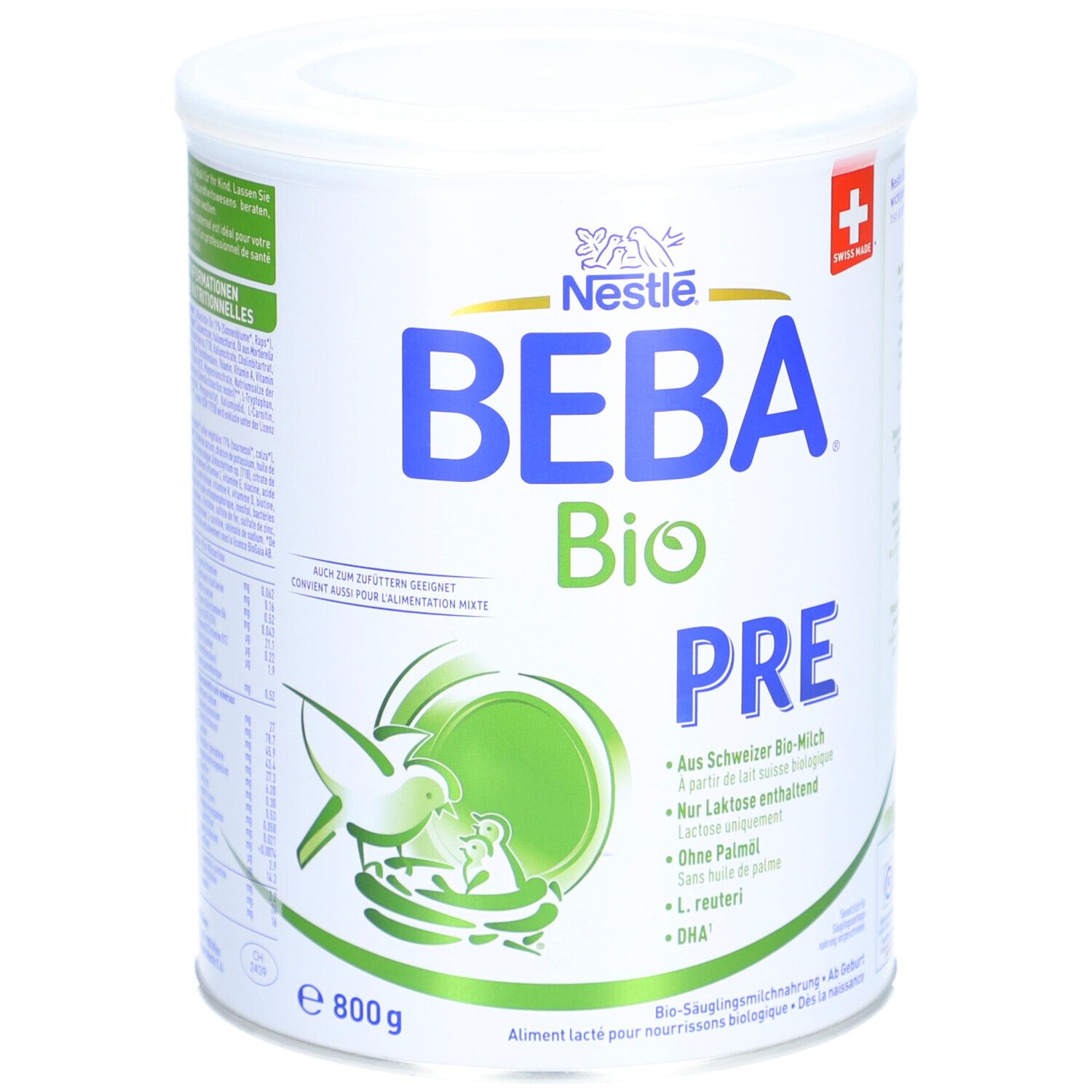 Dose mit Deckel. Aufschrift BEBA Bio PRE, Logo und Schweizer Kreuz. 800g. Text in Deutsch und Französisch.