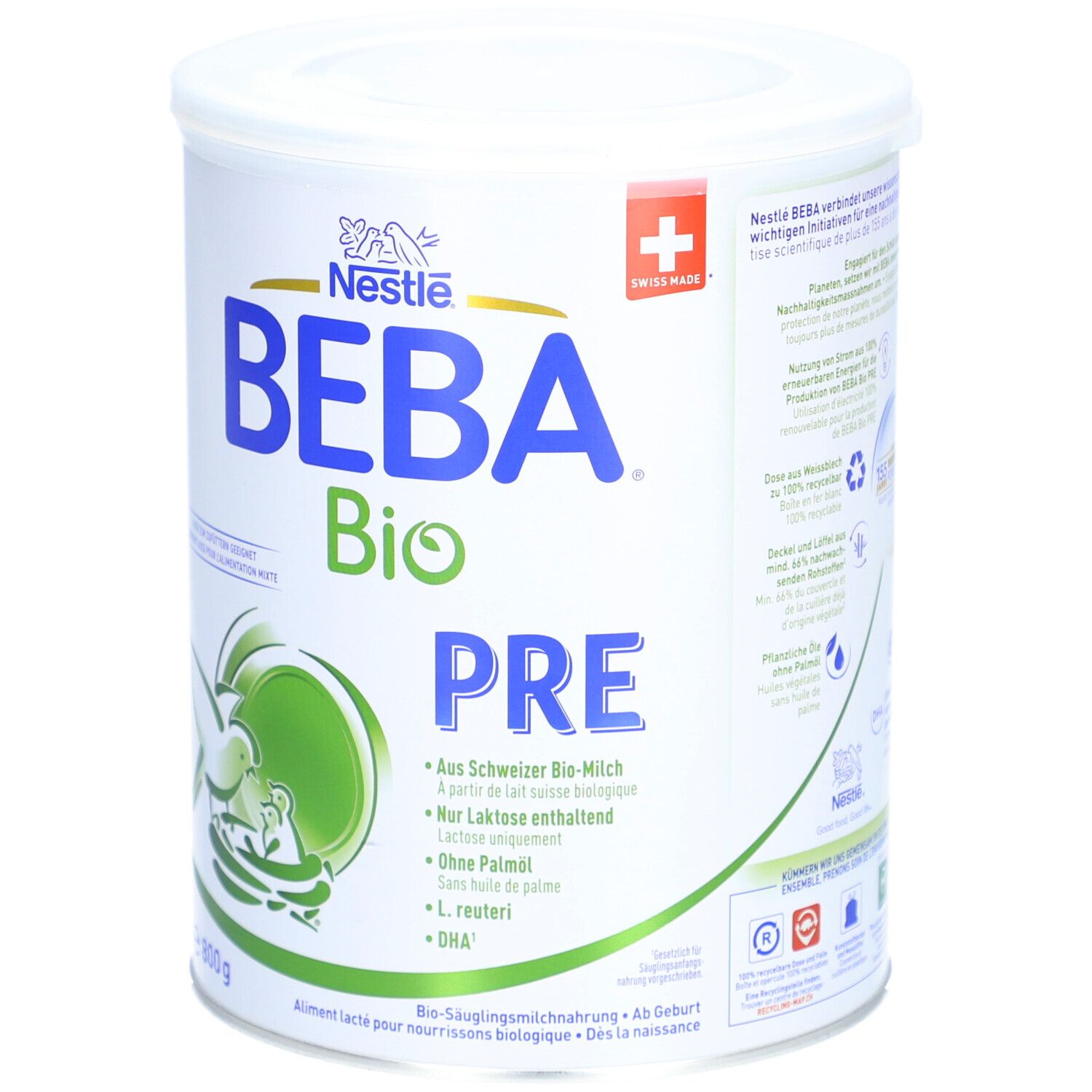 Dose mit Deckel. Aufschrift BEBA Bio PRE, Logo und Schweizer Kreuz. 800g. Text in Deutsch und Französisch.