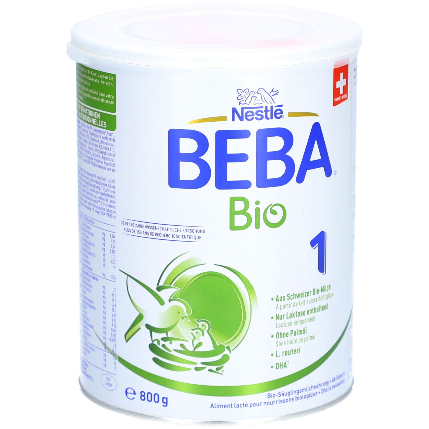 Dose mit Deckel, Aufschrift BEBA Bio 1, Nestlé Logo, Schweizer Kreuz. Inhalt 800g. Ansicht schräg von vorne.