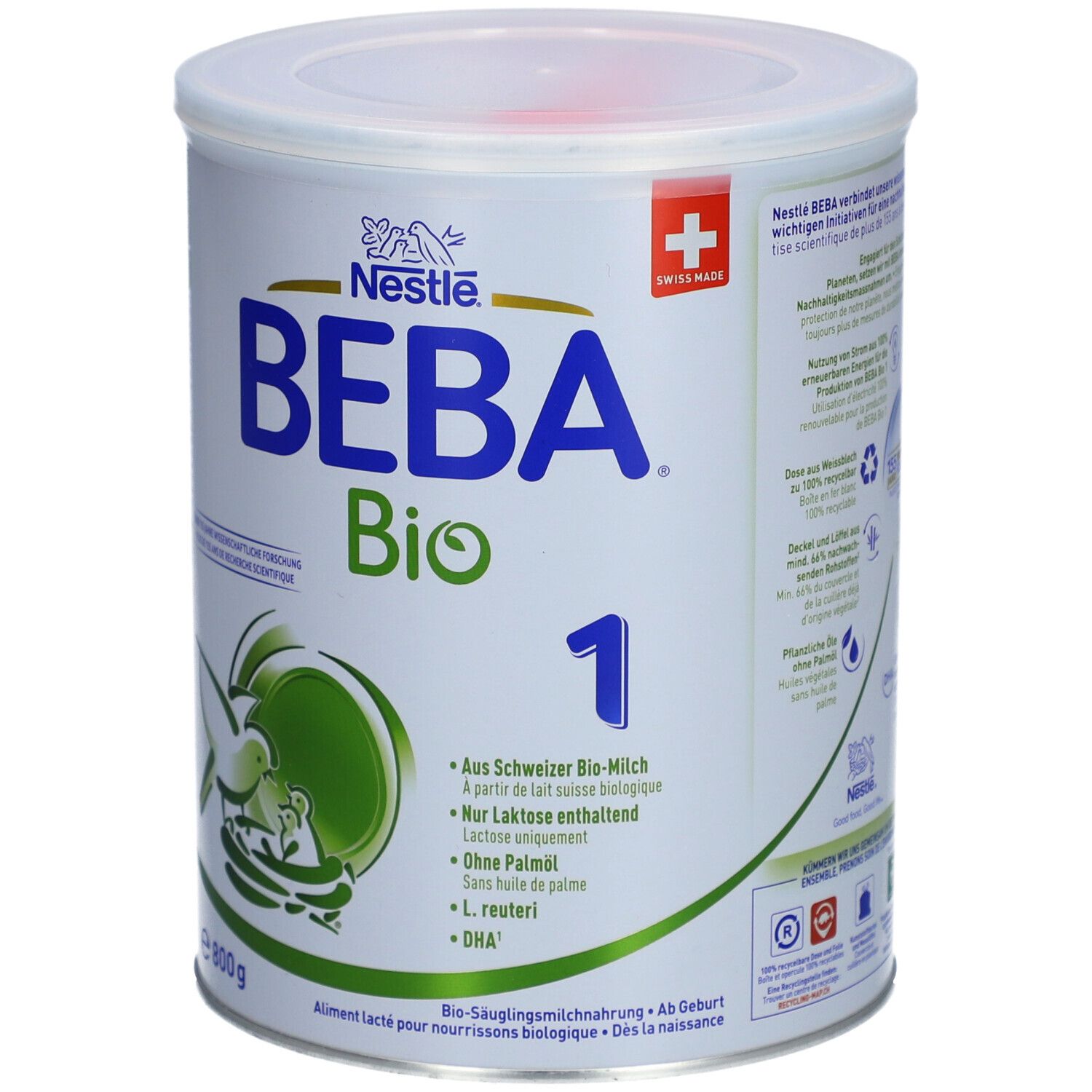 Dose mit Deckel, Aufschrift BEBA Bio 1, Nestlé Logo, Schweizer Kreuz. Inhalt 800g. Ansicht schräg.