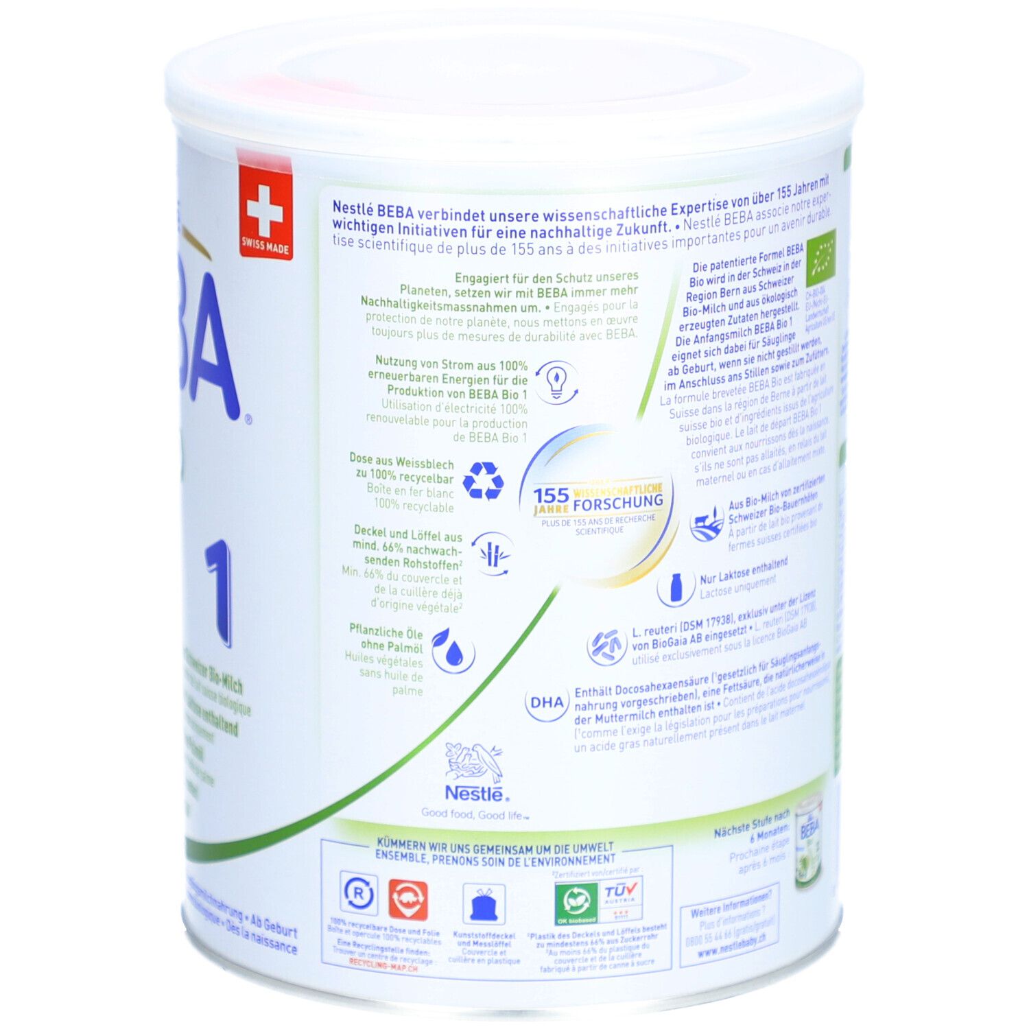 Rückseite der Dose mit Text und Logos. Enthält Informationen über Nachhaltigkeit und Forschung.