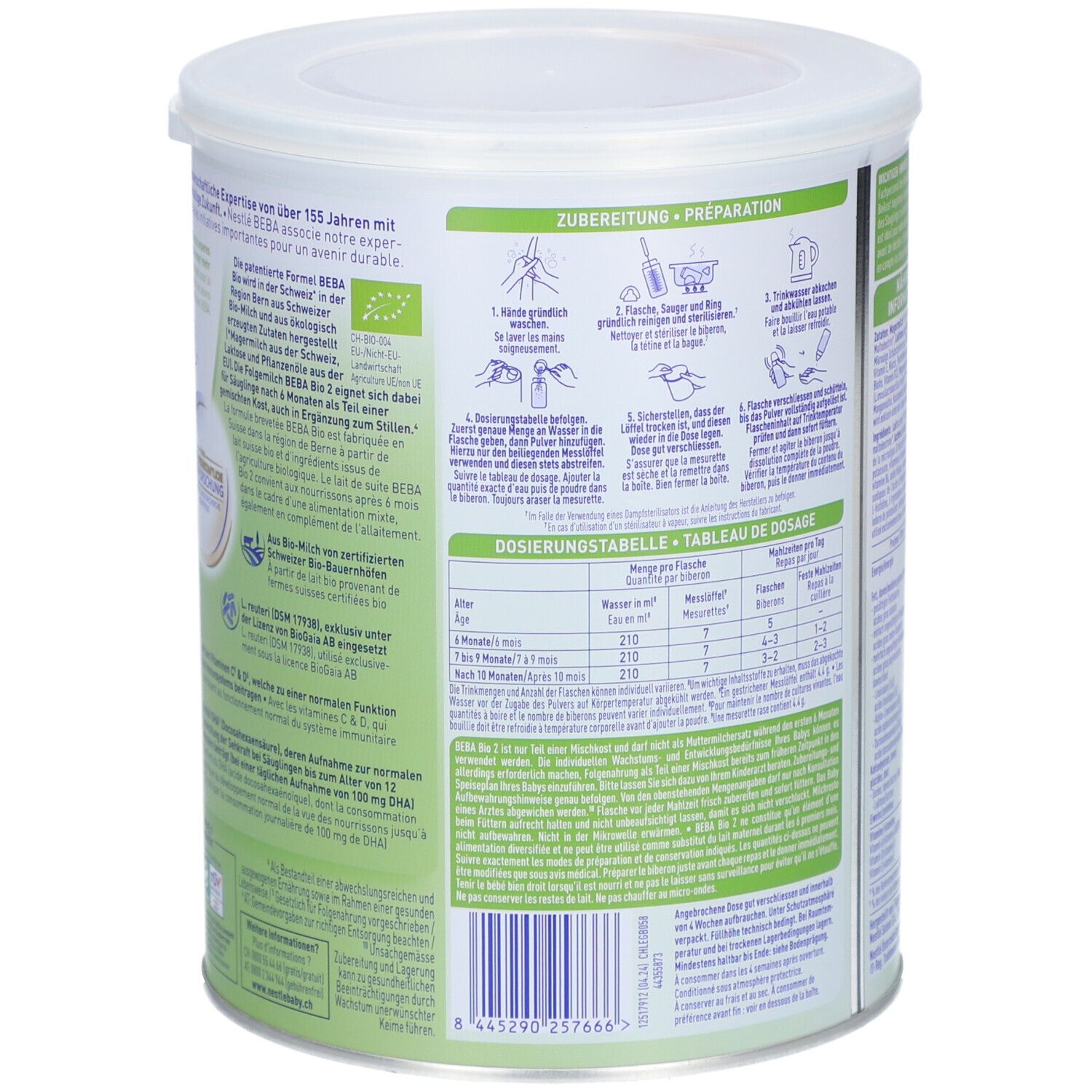 Rückseite der Dose. Text: Zubereitung, Dosierungstabelle. Grüne Akzente. Nestlé BEBA Bio 2. Bio-Siegel.