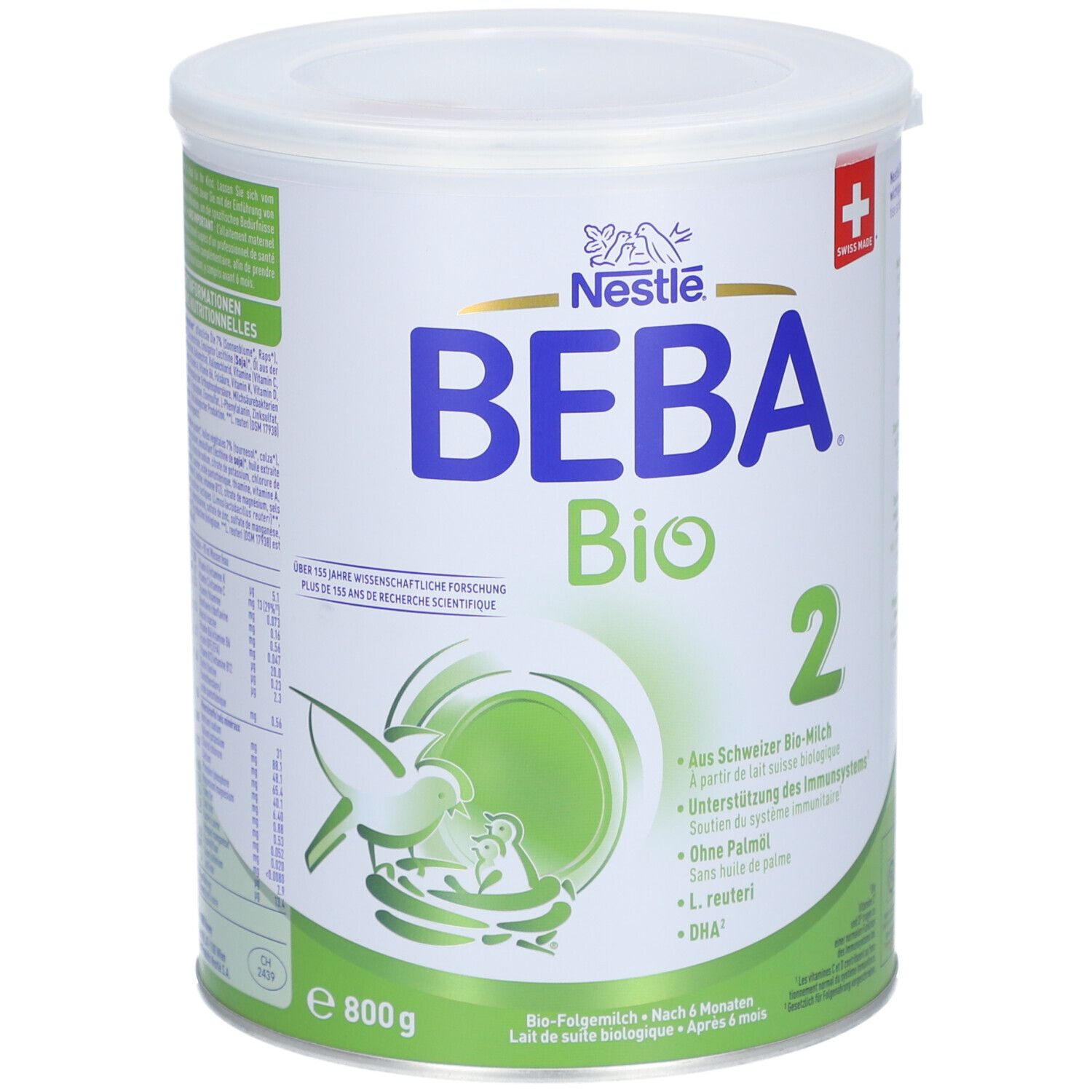 Weiße Dose mit Nestlé BEBA Bio 2. Schweizer Kreuz. 800g. Grüne Akzente. Text: Aus Schweizer Bio-Milch, DHA.